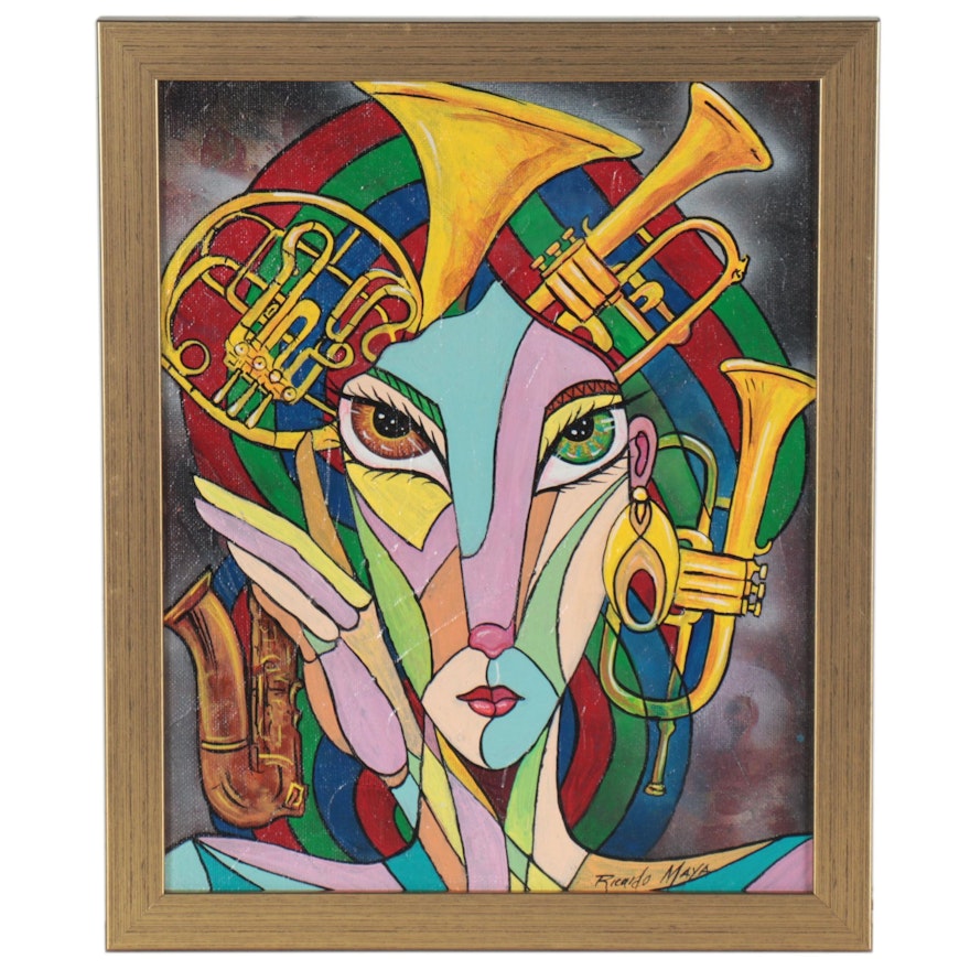 Ricardo Maya Acrylic Painting of Figure with Brass Horns