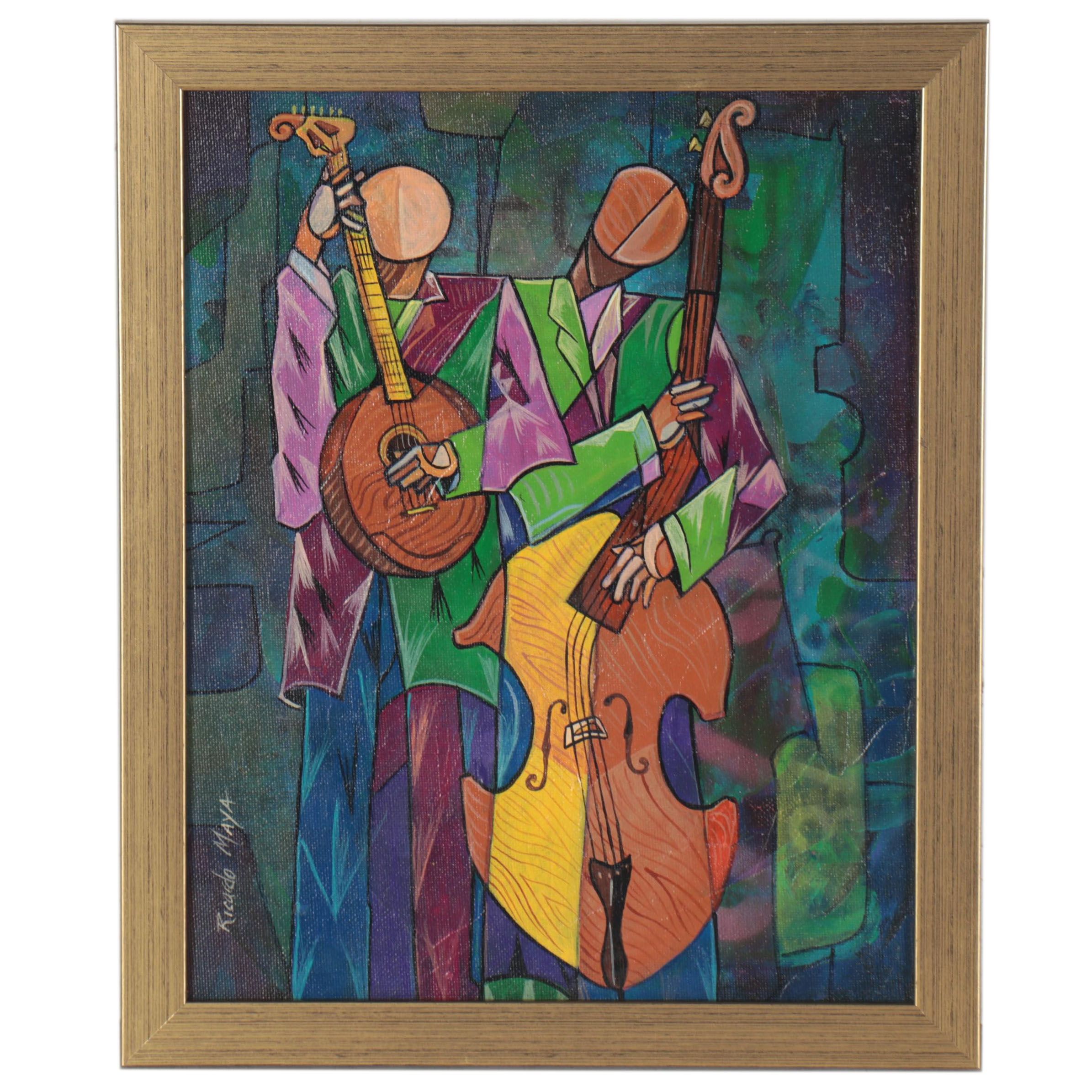 Ricardo Maya Abstract Figural Acrylic Painting of Musicians