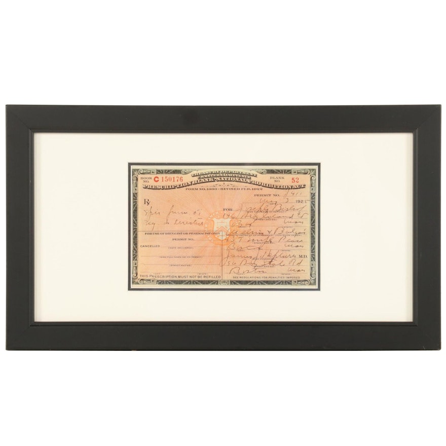 Framed National Prohibition Act Medicinal Liquor Prescription Form, 1925