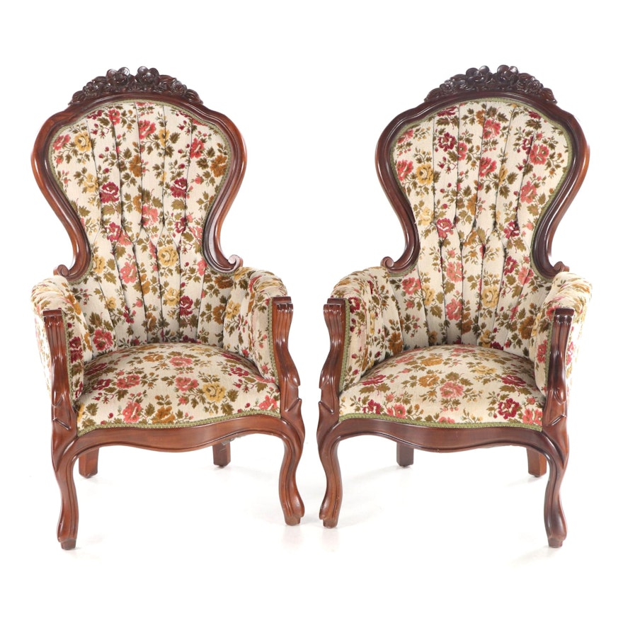 Pair of Rococo Revival Style Mahogany Armchairs, 20th Century