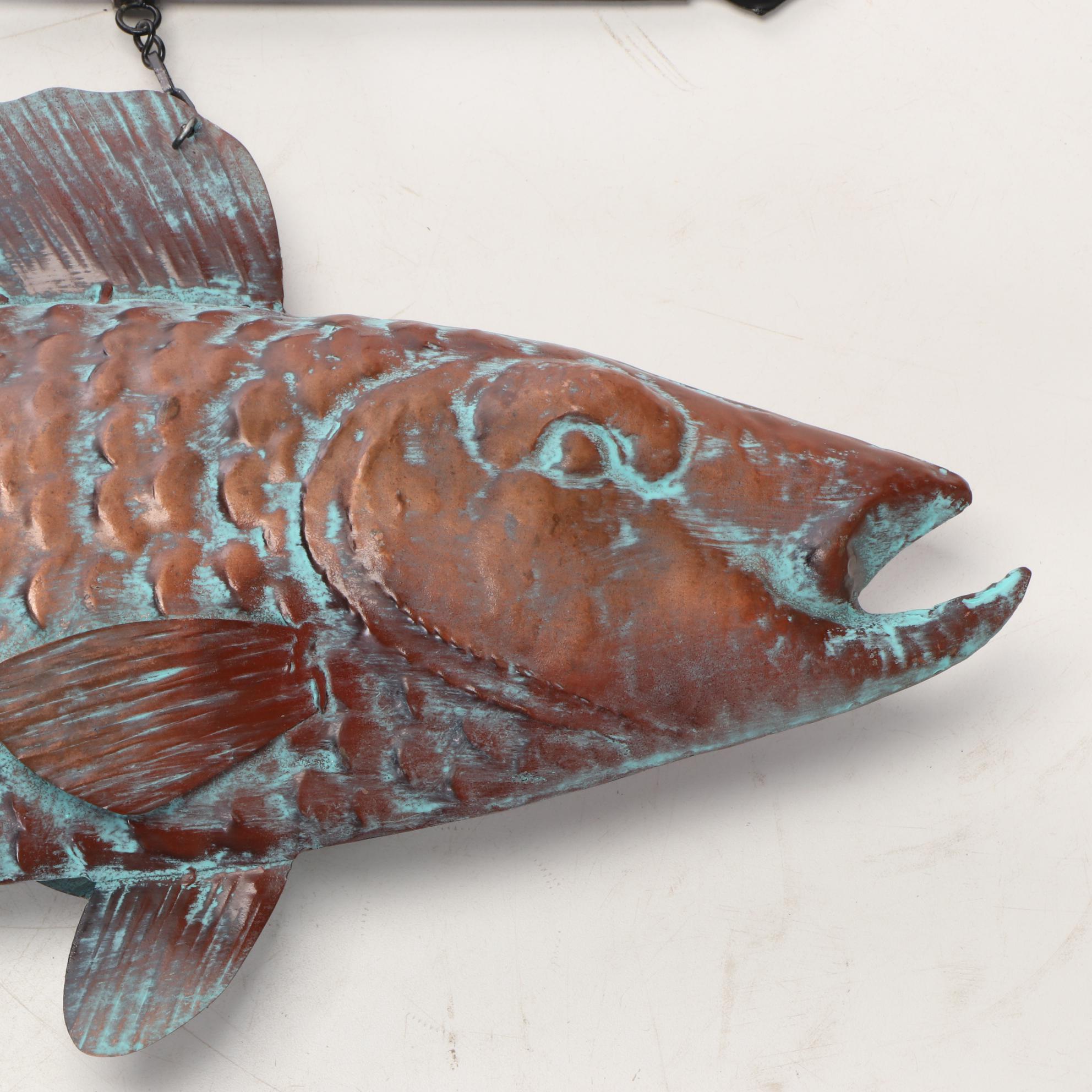 Verdigris-Patinated Copper Full-Body Fish Trade Sign with Metal Mounting Bracket