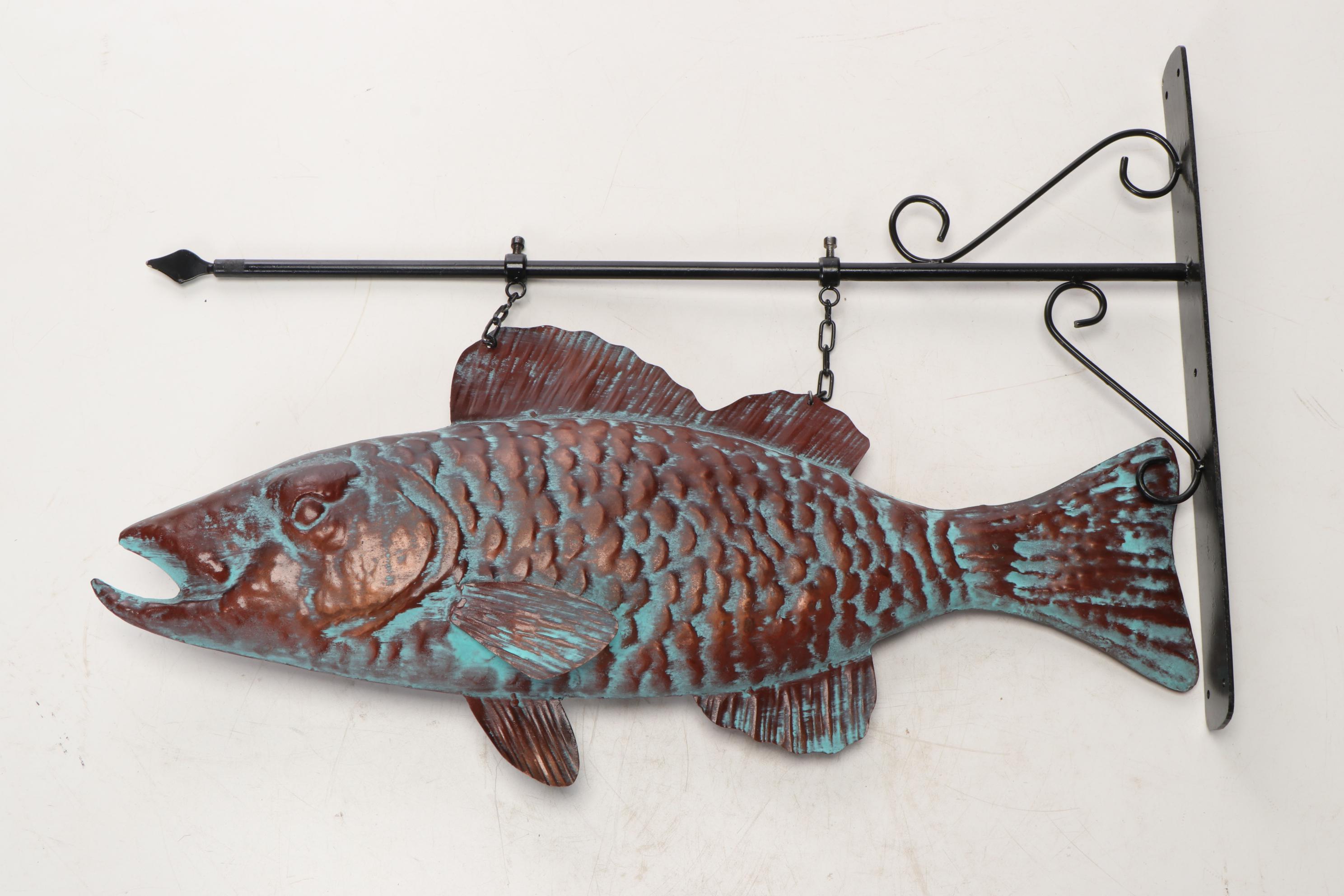 Verdigris-Patinated Copper Full-Body Fish Trade Sign with Metal Mounting Bracket