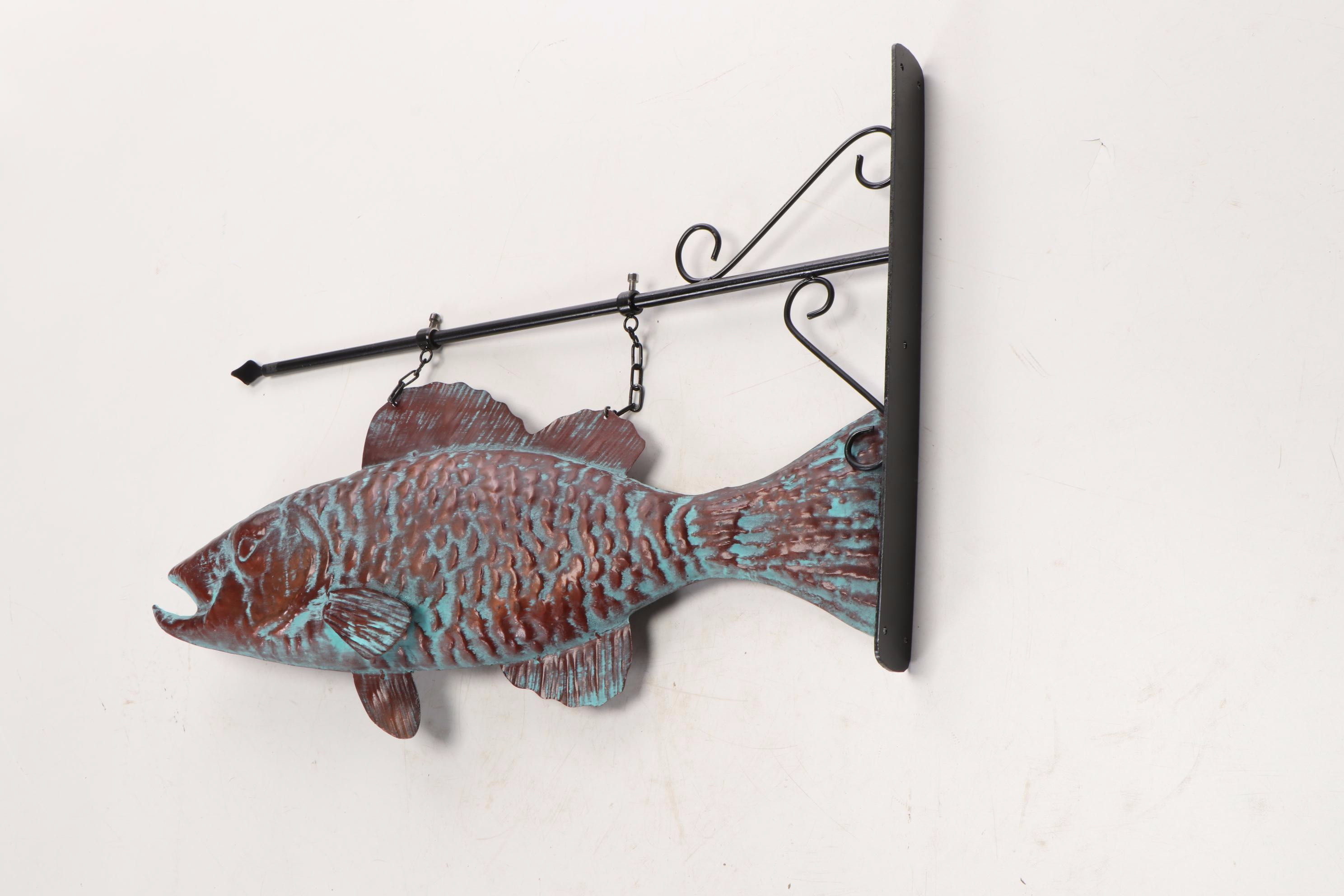 Verdigris-Patinated Copper Full-Body Fish Trade Sign with Metal Mounting Bracket