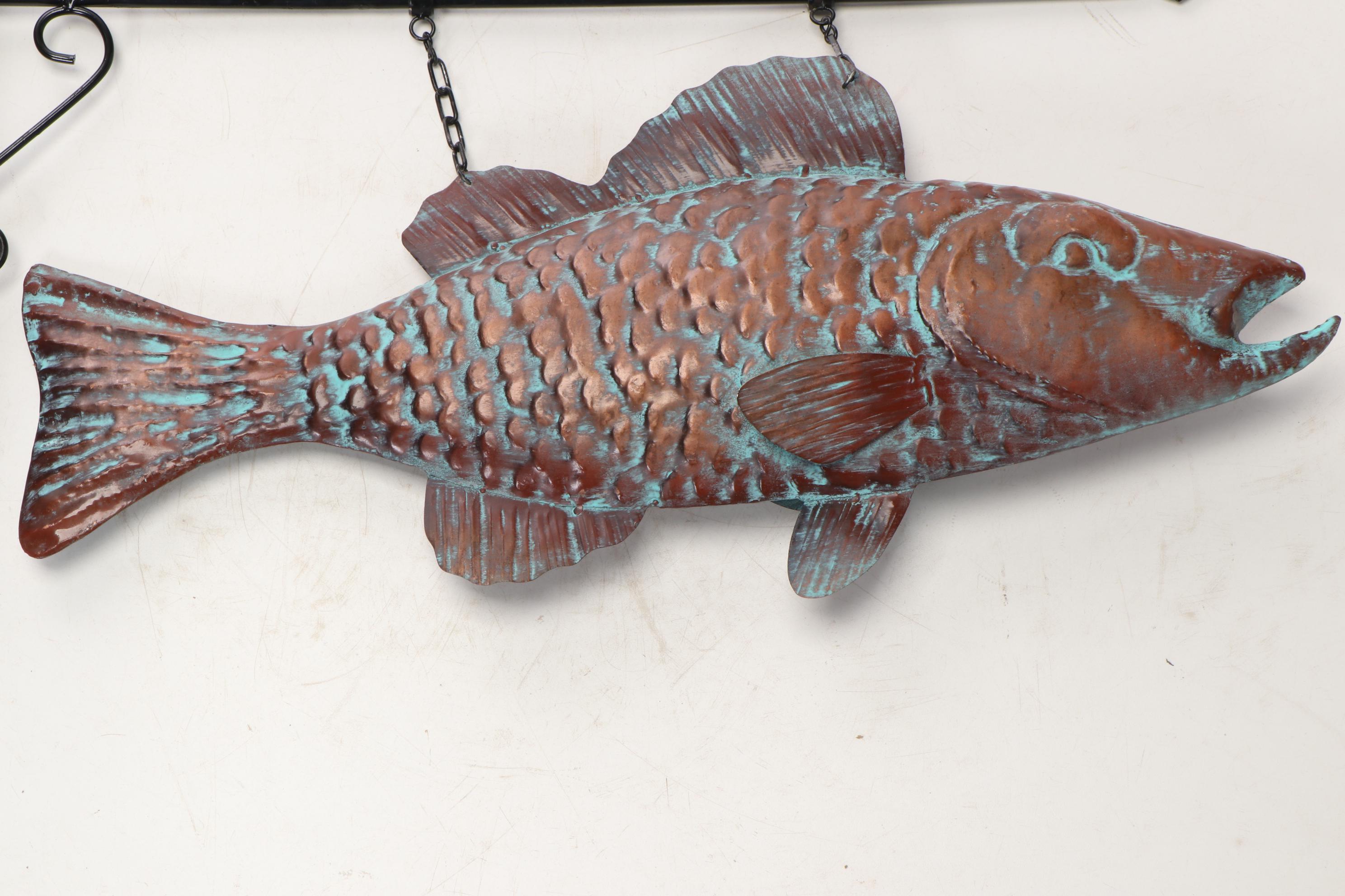 Verdigris-Patinated Copper Full-Body Fish Trade Sign with Metal Mounting Bracket