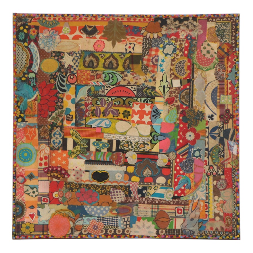 Fabric Strip, Print, and Acrylic Paint Collage, Late 20th Century