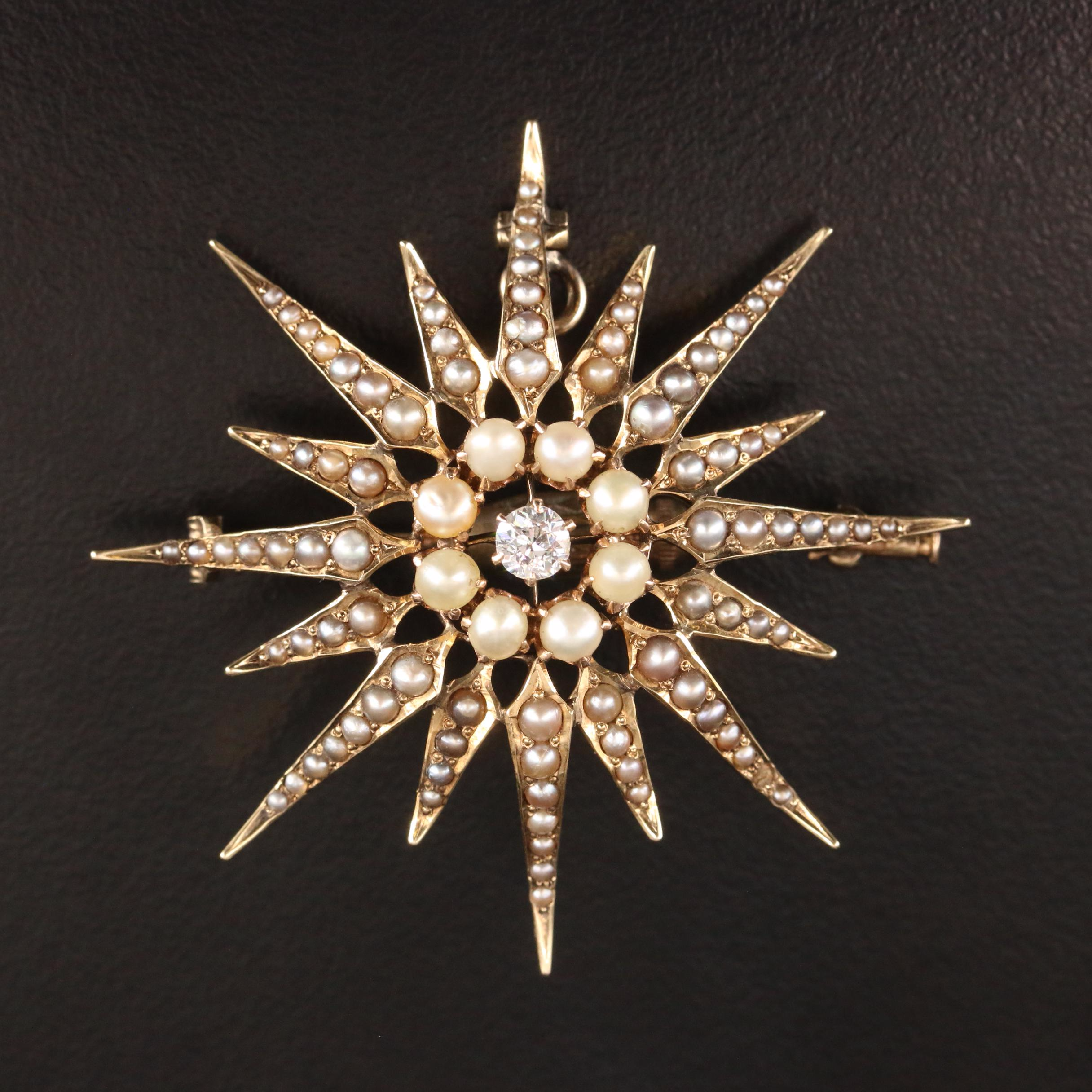 Victorian 14K Diamond and Pearl Starburst Converter Brooch