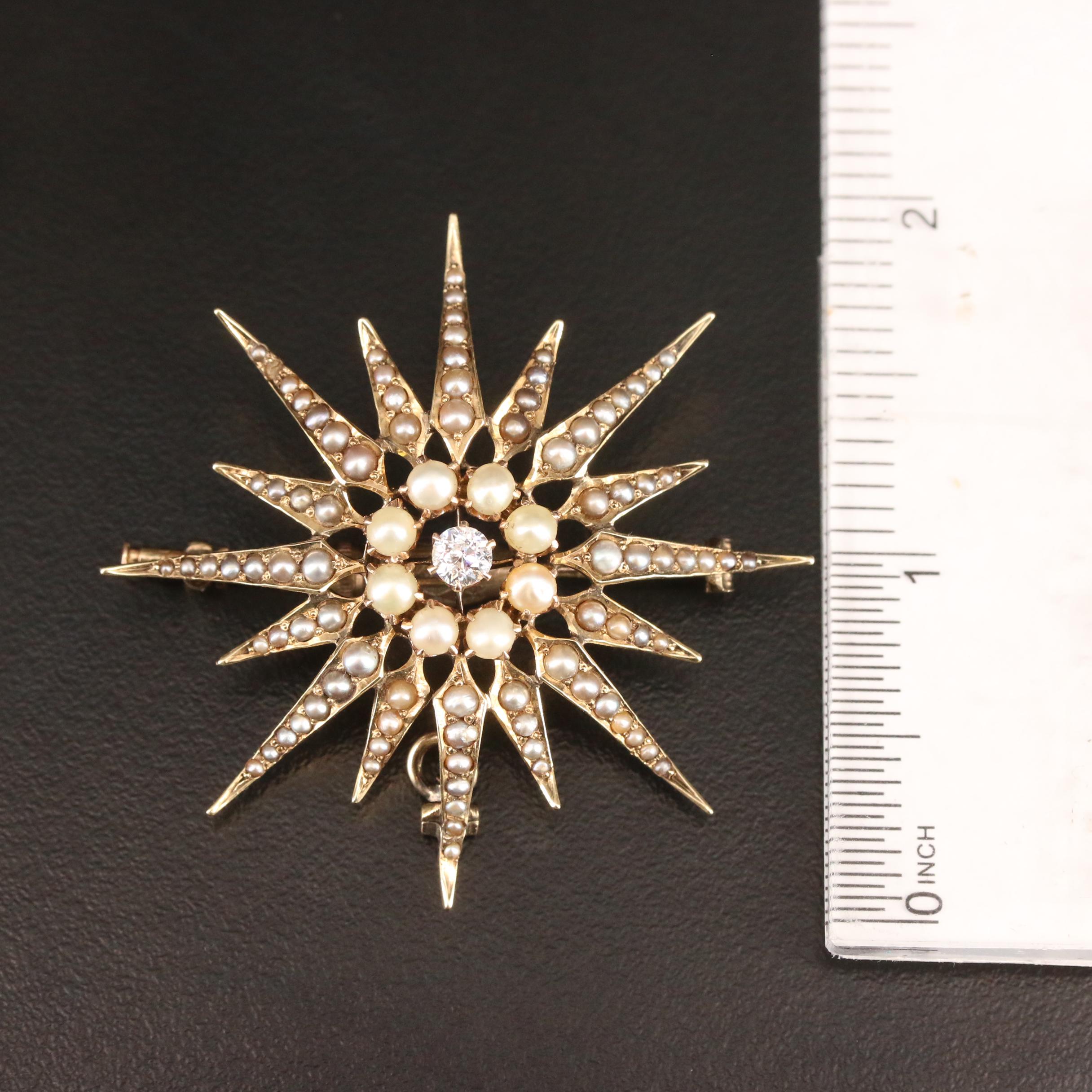 Victorian 14K Diamond and Pearl Starburst Converter Brooch