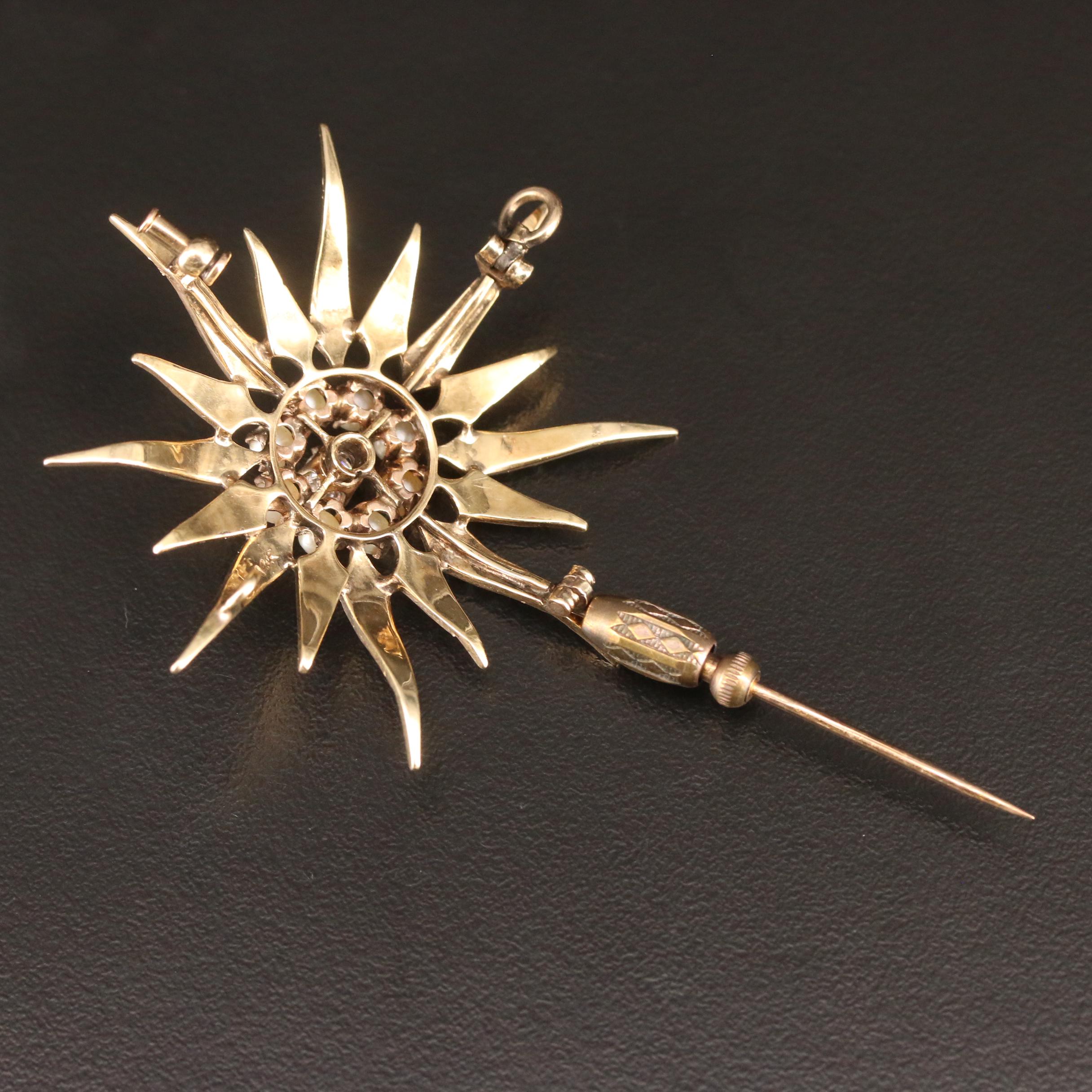 Victorian 14K Diamond and Pearl Starburst Converter Brooch