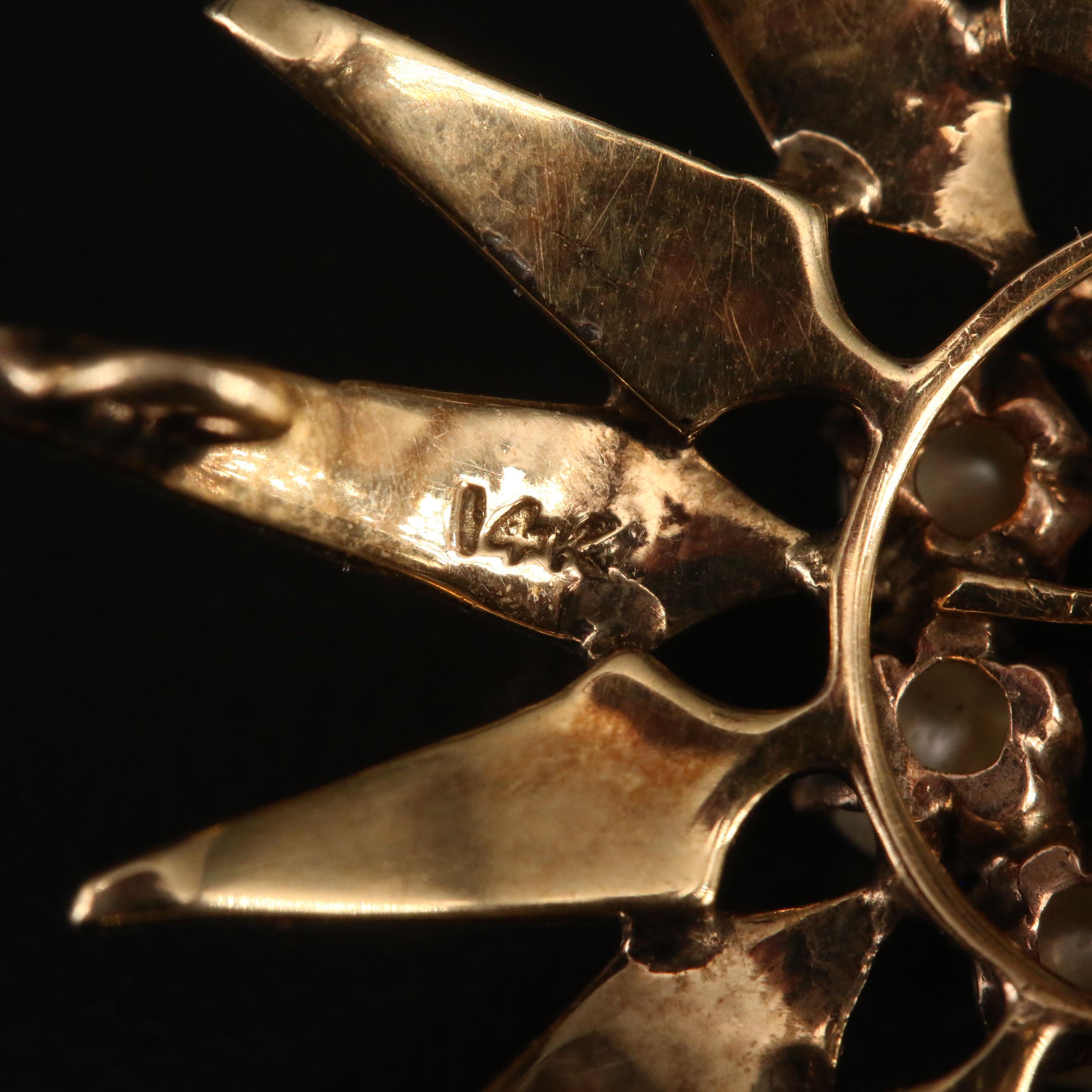 Victorian 14K Diamond and Pearl Starburst Converter Brooch