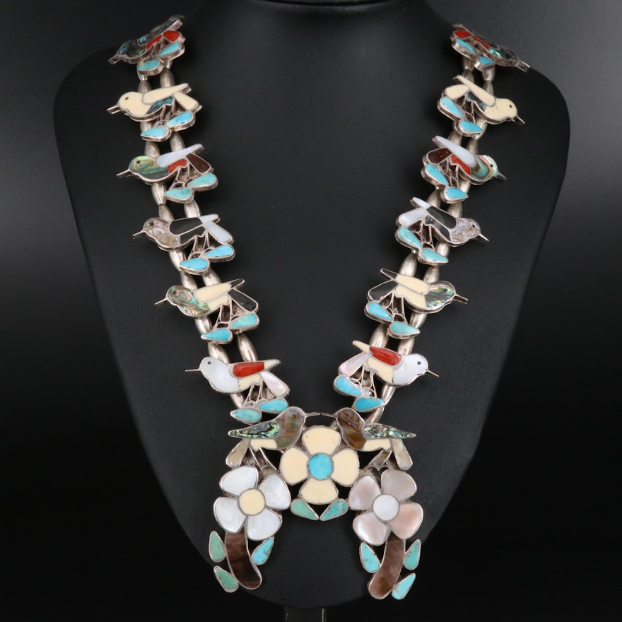 Sterling Abalone and Gemstone Inlay Floral and Bird Naja Necklace