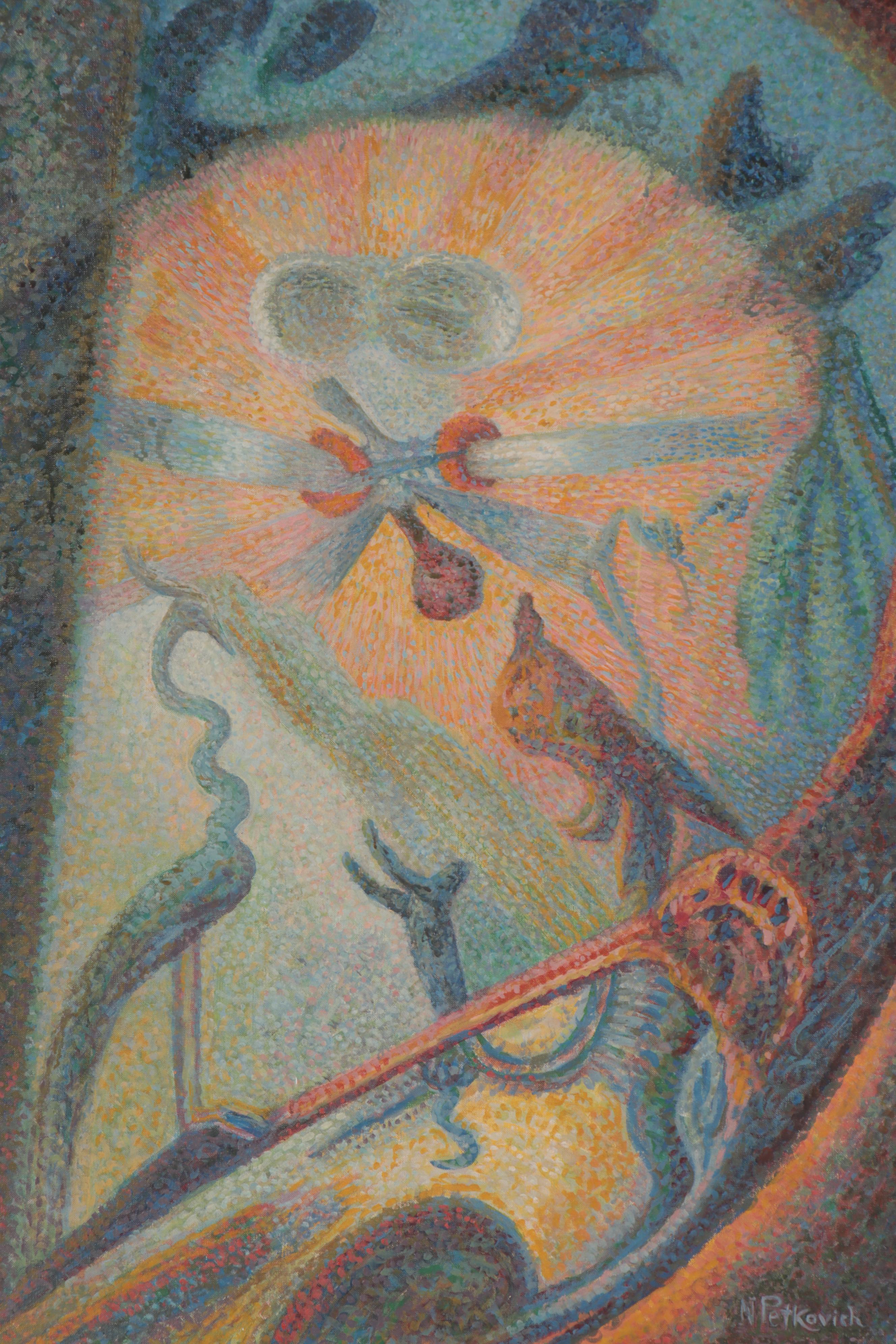 Nicholas Petkovich Surreal Pointillism Style Oil Painting, Mid-20th Century