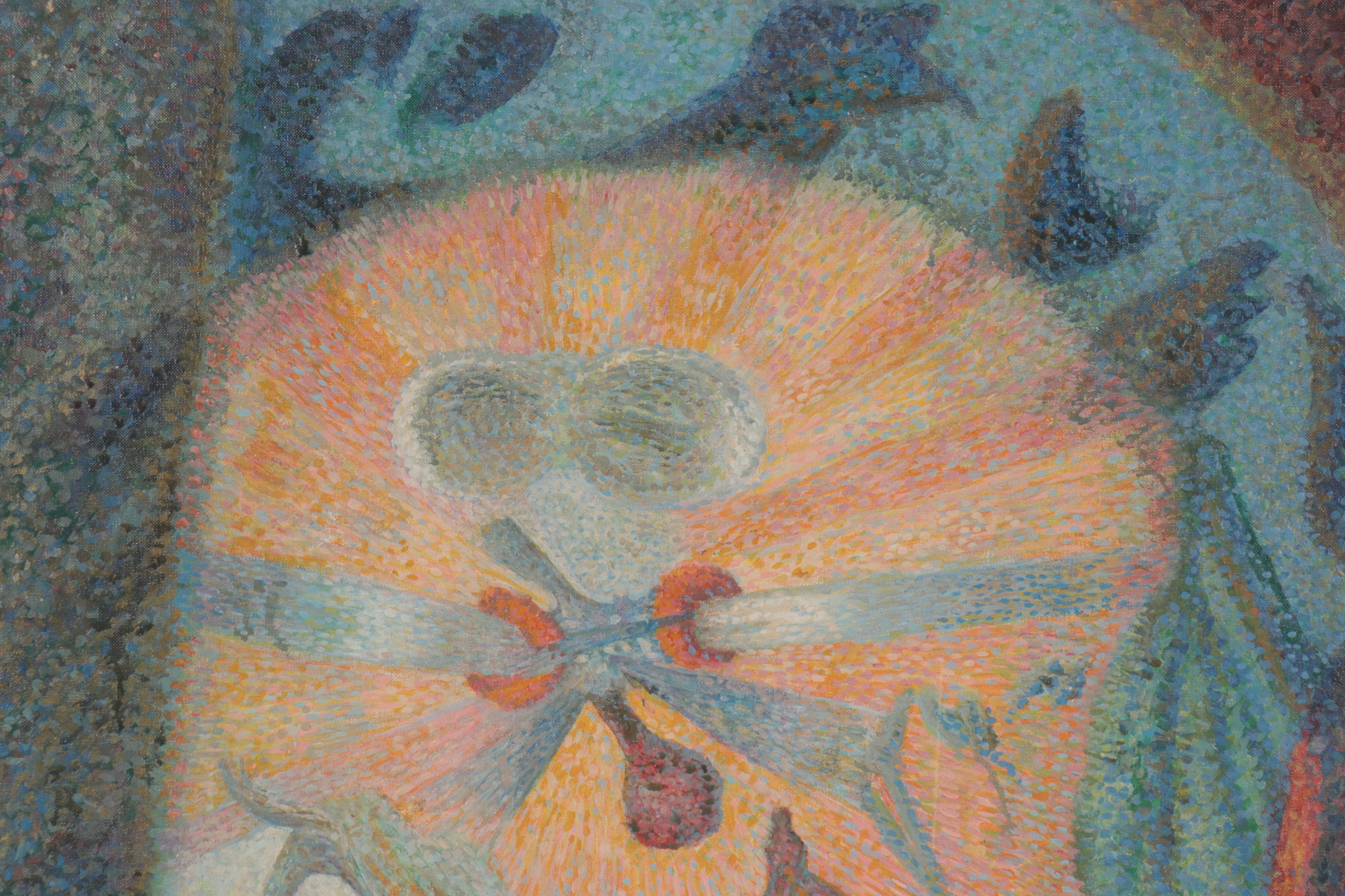 Nicholas Petkovich Surreal Pointillism Style Oil Painting, Mid-20th Century