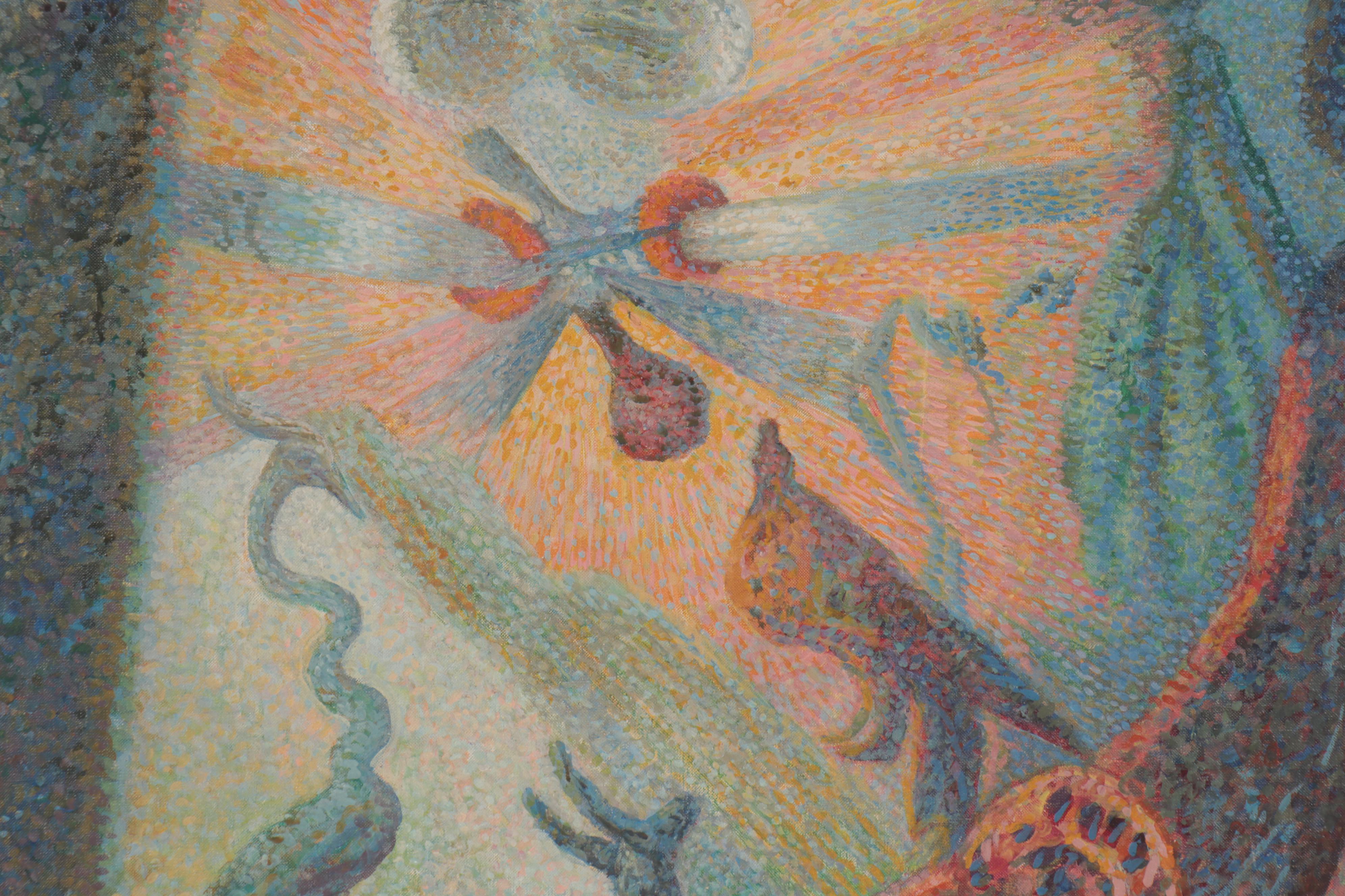 Nicholas Petkovich Surreal Pointillism Style Oil Painting, Mid-20th Century