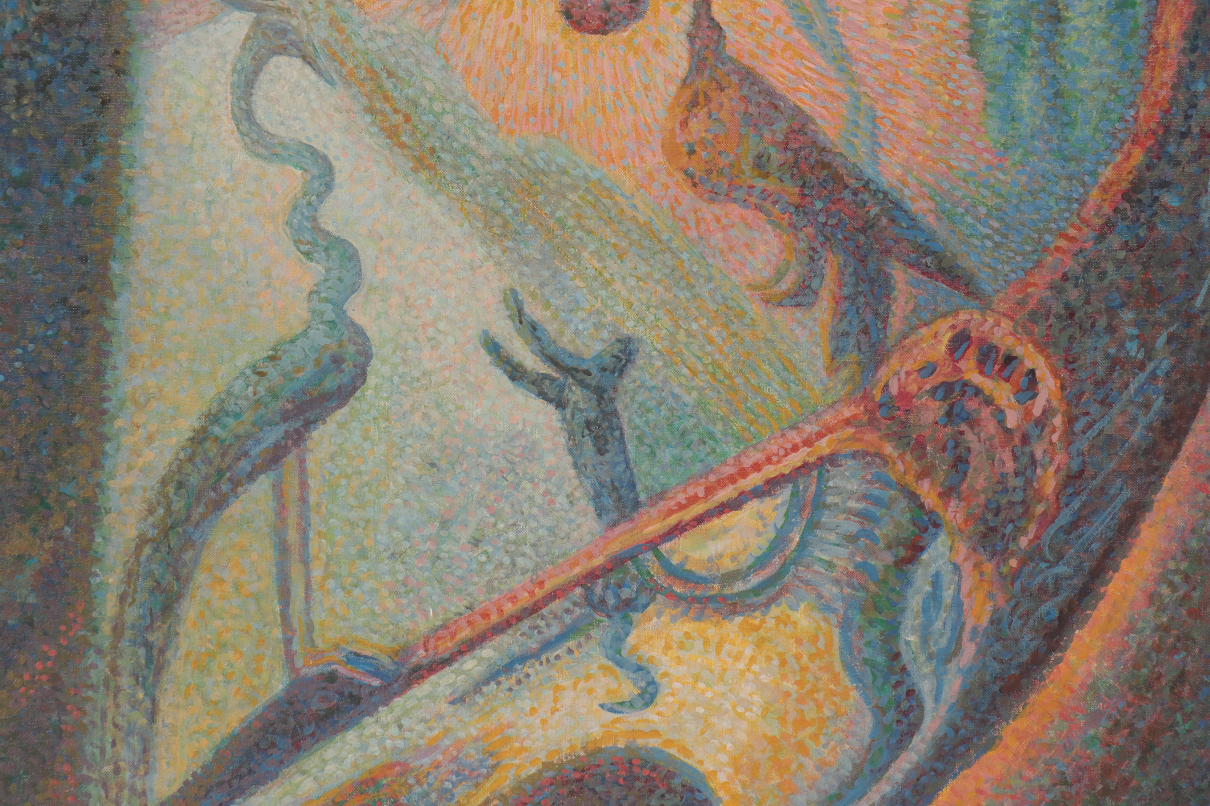 Nicholas Petkovich Surreal Pointillism Style Oil Painting, Mid-20th Century