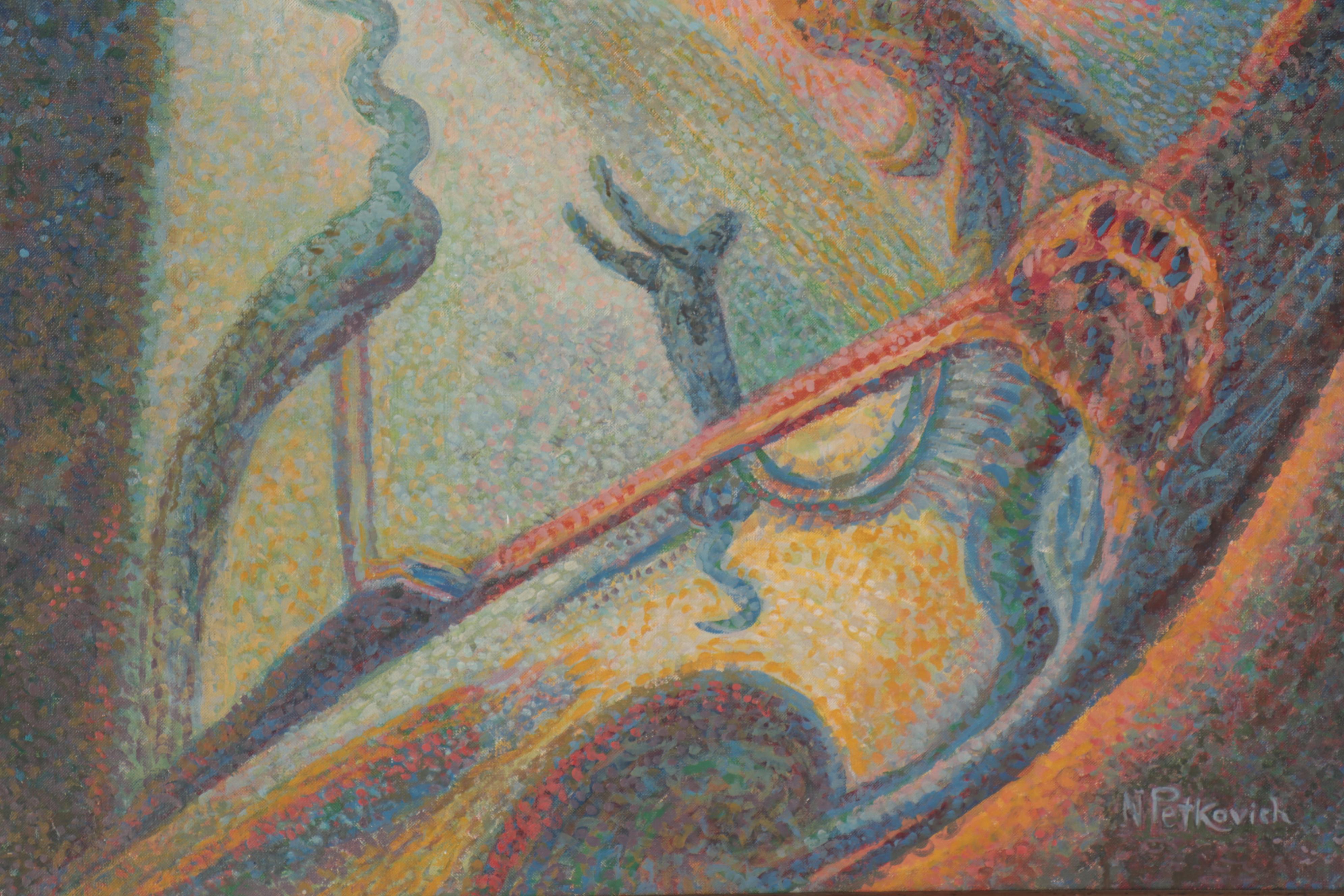 Nicholas Petkovich Surreal Pointillism Style Oil Painting, Mid-20th Century