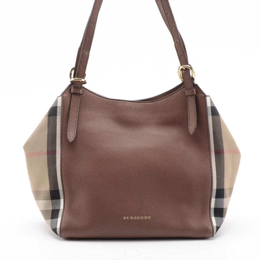 Burberry Canterbury Shoulder Tote in Brown Leather and "House Check" Canvas