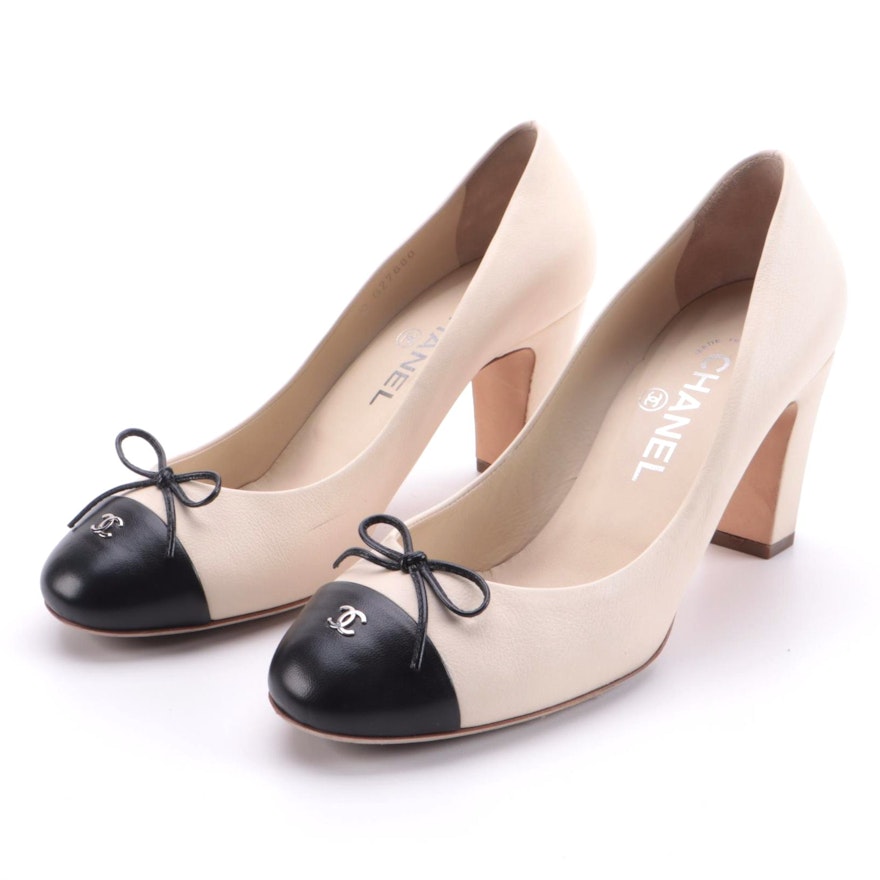 Chanel CC Ballerina Style Cap-Toe Pumps in Beige and Black Leather with Box