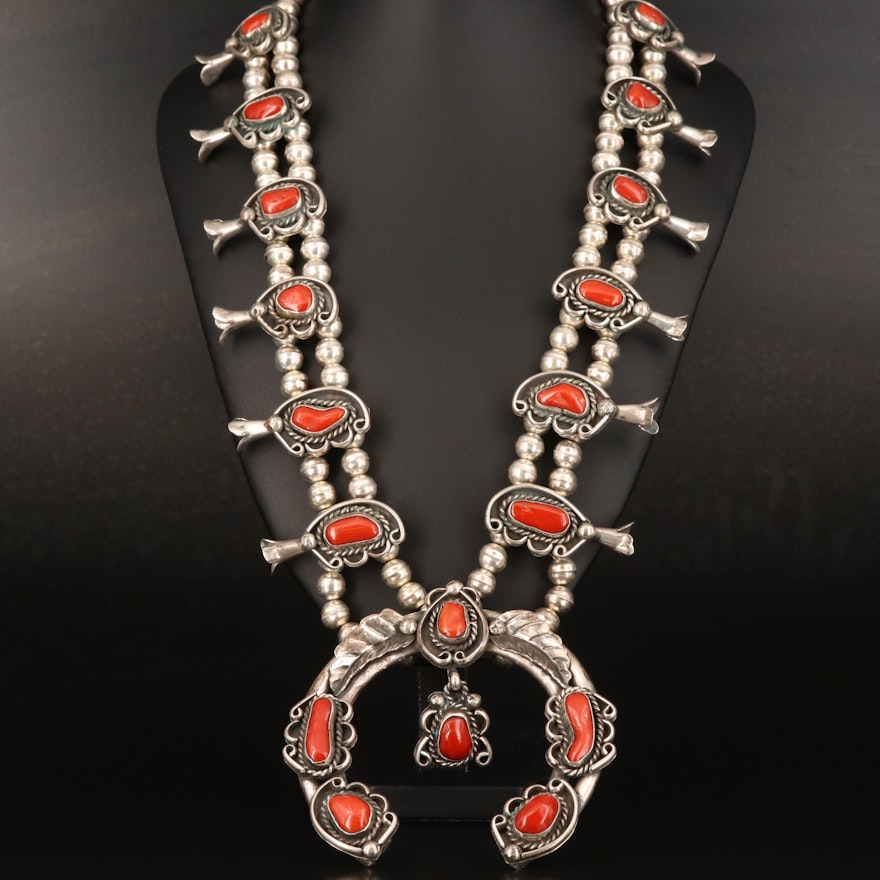 Sterling Coral Squash Blossom Necklace with Naja