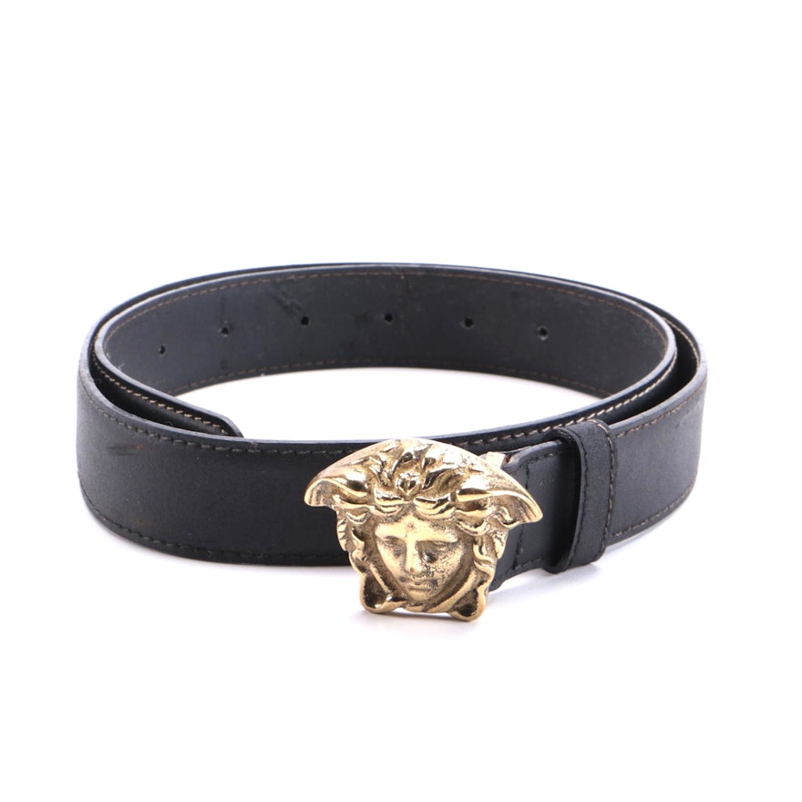 Versace Palazzo Black Leather Belt with Medusa Head Logo Buckle