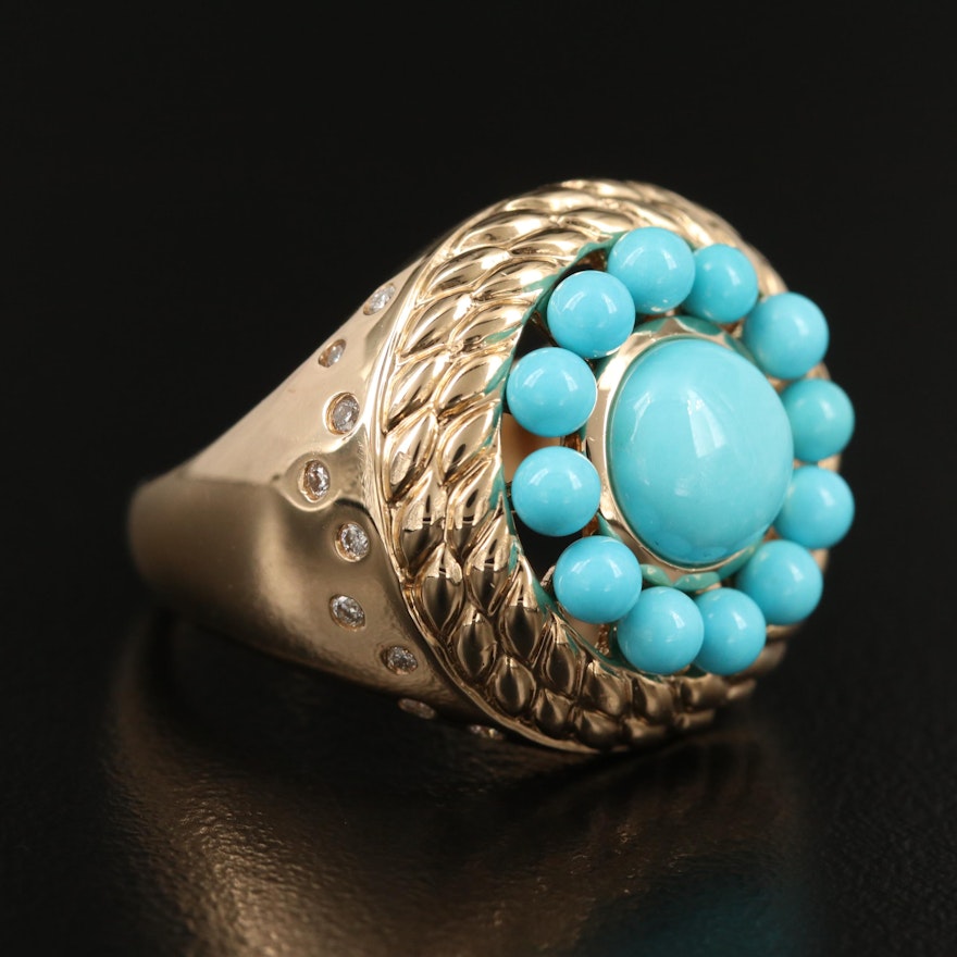 14K Turquoise and Diamond Ring with Braided Edge