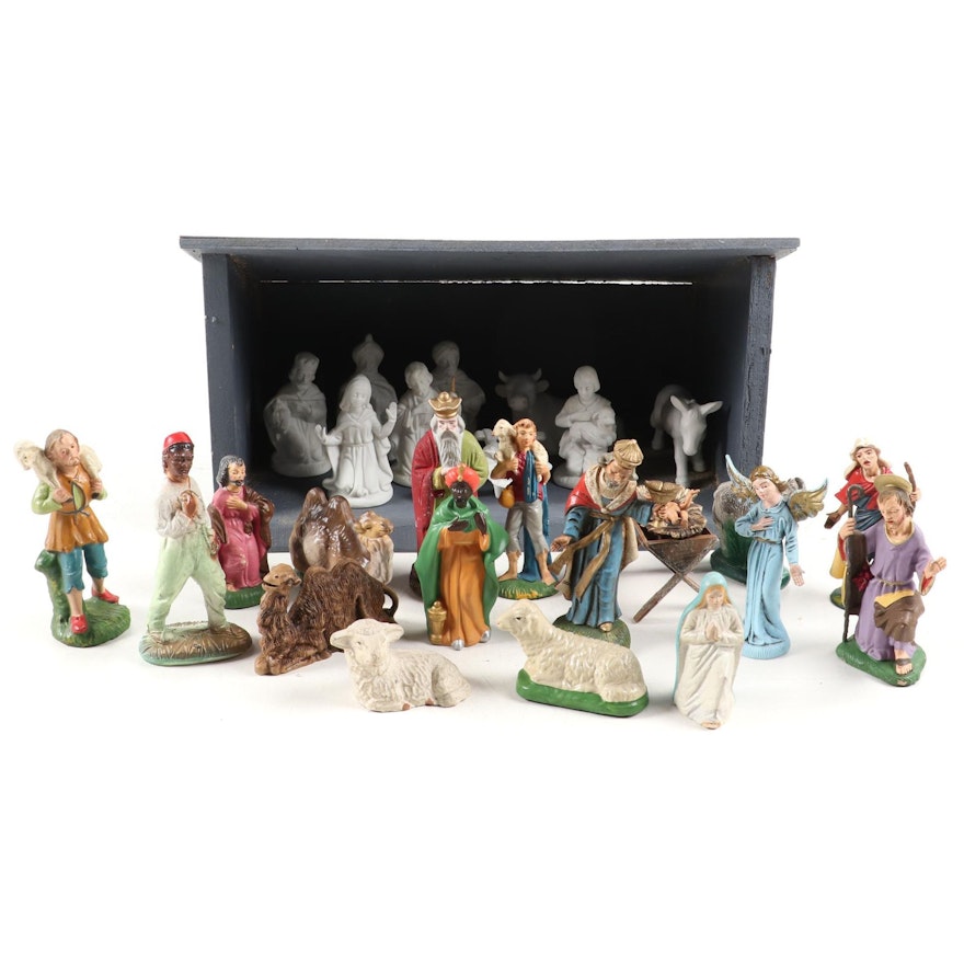 Italian and Japanese Christmas Nativity Figurines with Wooden Manger, Mid-20th C