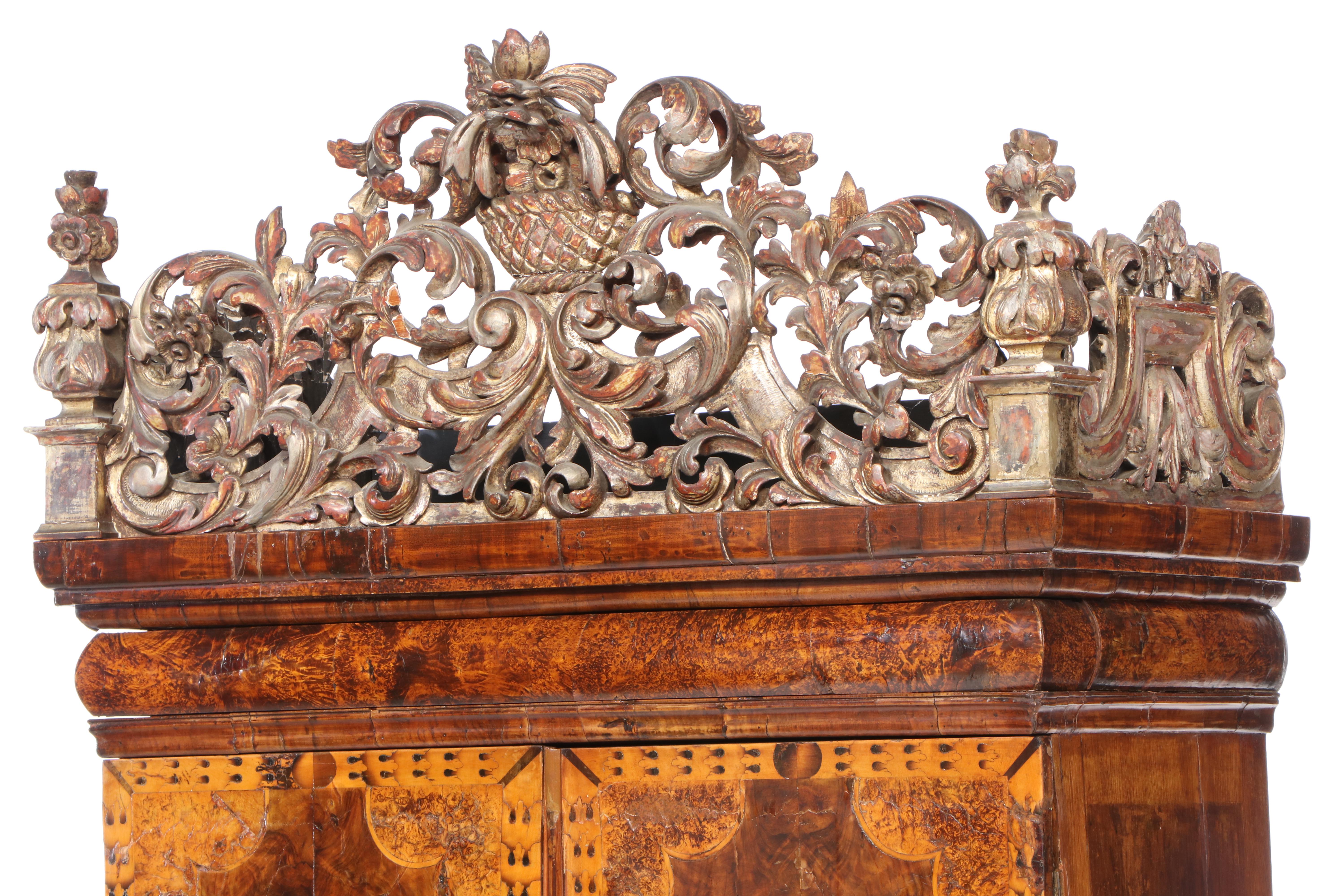 Charles II Walnut, Mulberry, and Marquetry Cabinet on Later Giltwood Stand