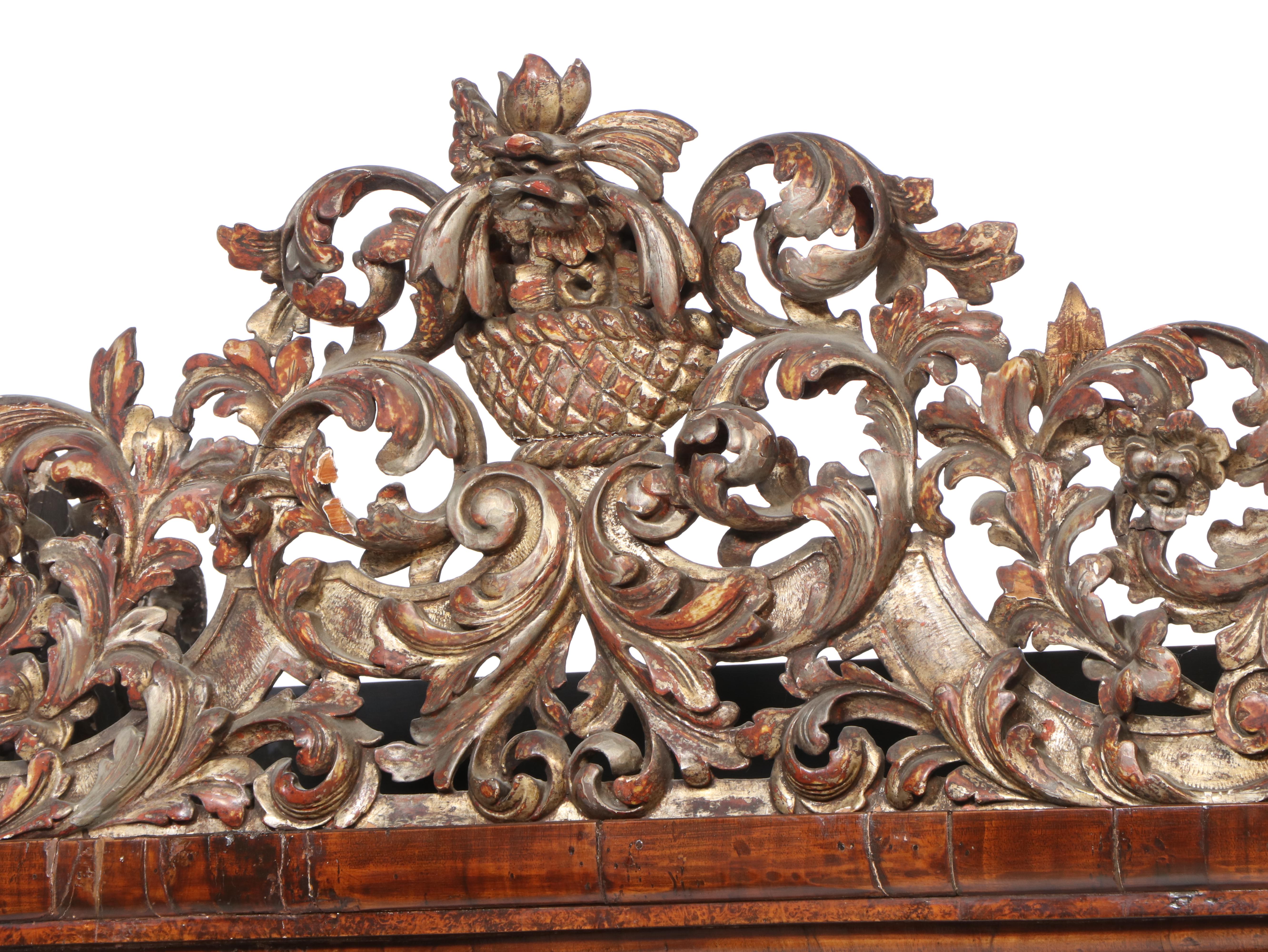 Charles II Walnut, Mulberry, and Marquetry Cabinet on Later Giltwood Stand
