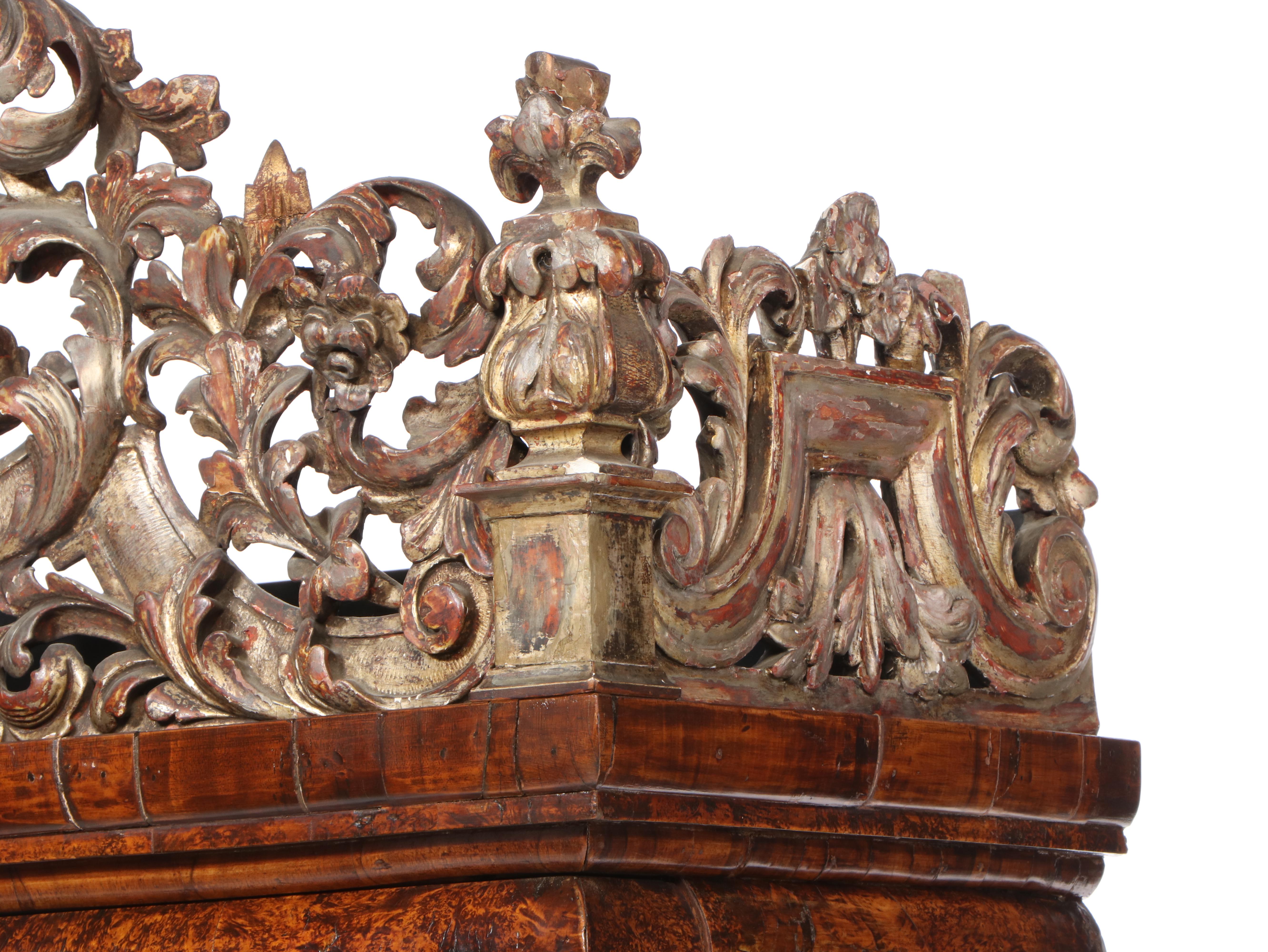 Charles II Walnut, Mulberry, and Marquetry Cabinet on Later Giltwood Stand