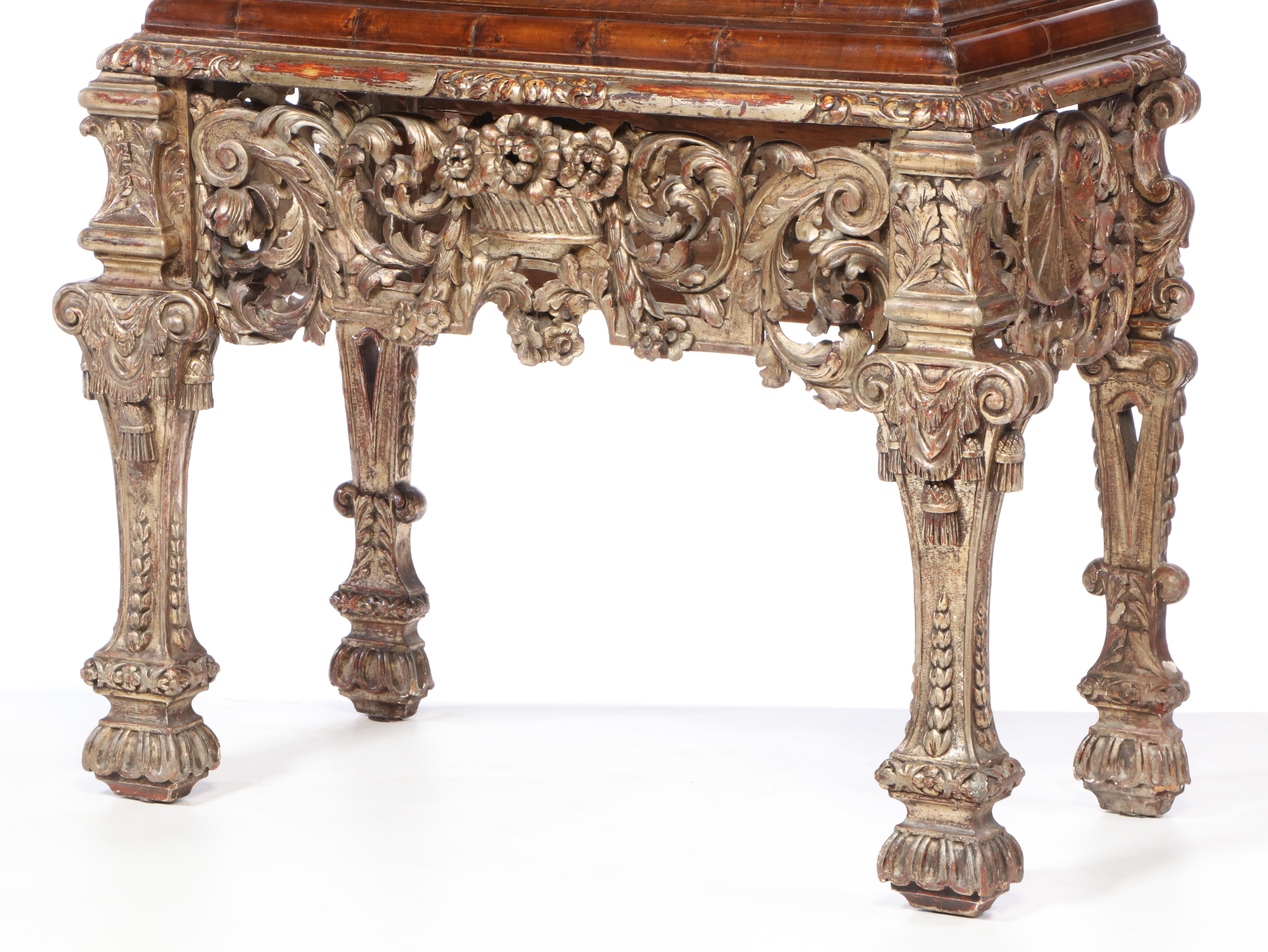 Charles II Walnut, Mulberry, and Marquetry Cabinet on Later Giltwood Stand