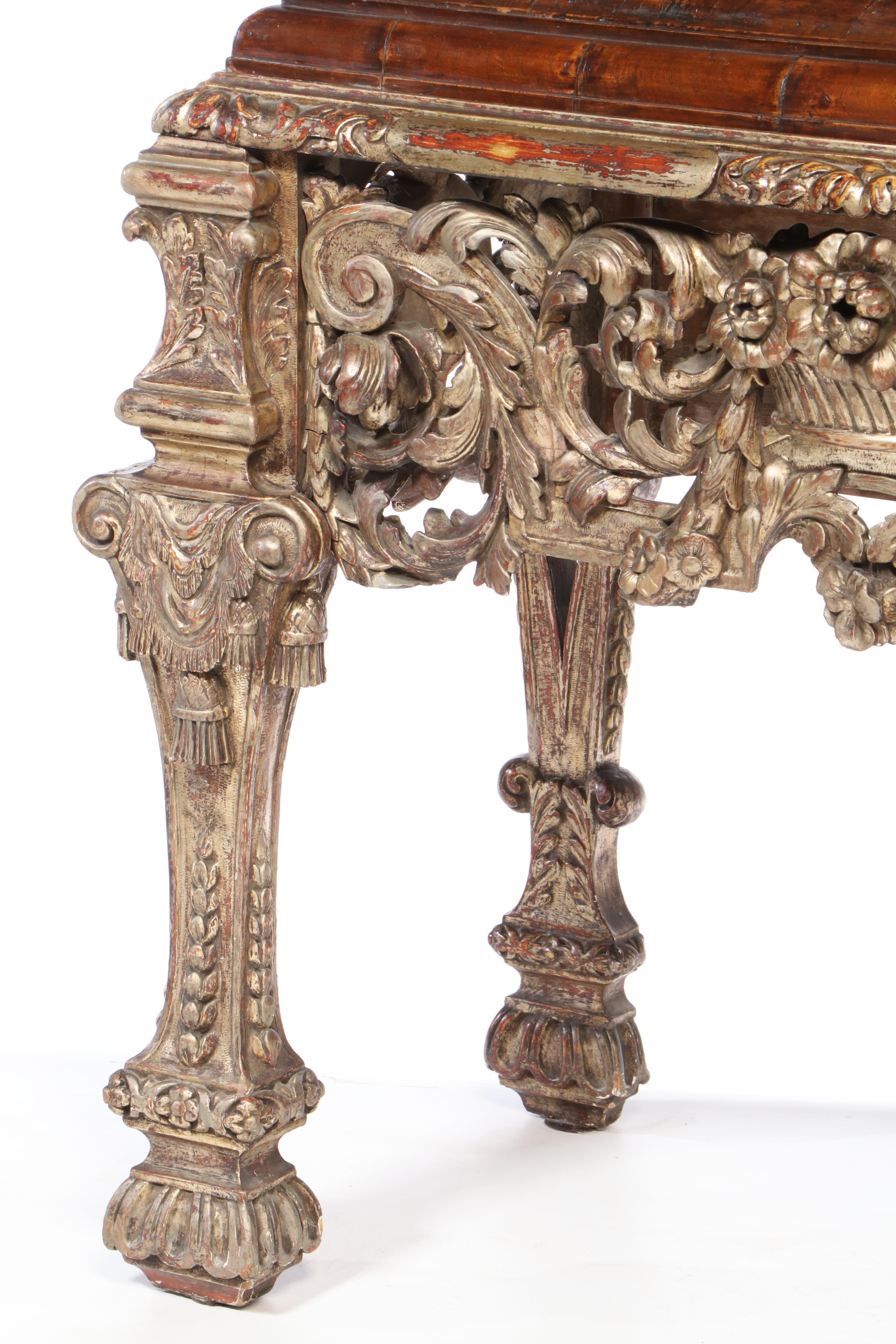 Charles II Walnut, Mulberry, and Marquetry Cabinet on Later Giltwood Stand