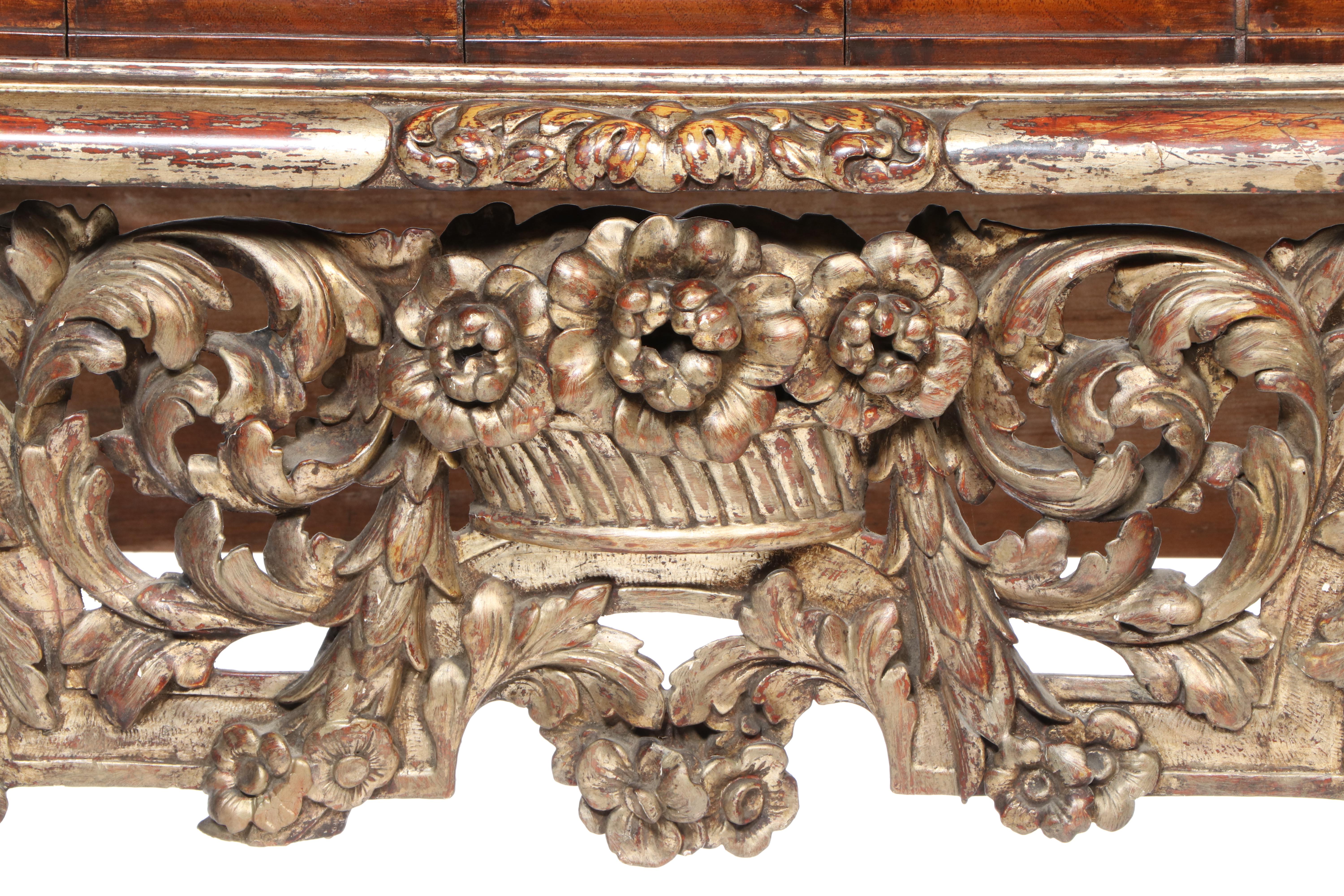 Charles II Walnut, Mulberry, and Marquetry Cabinet on Later Giltwood Stand