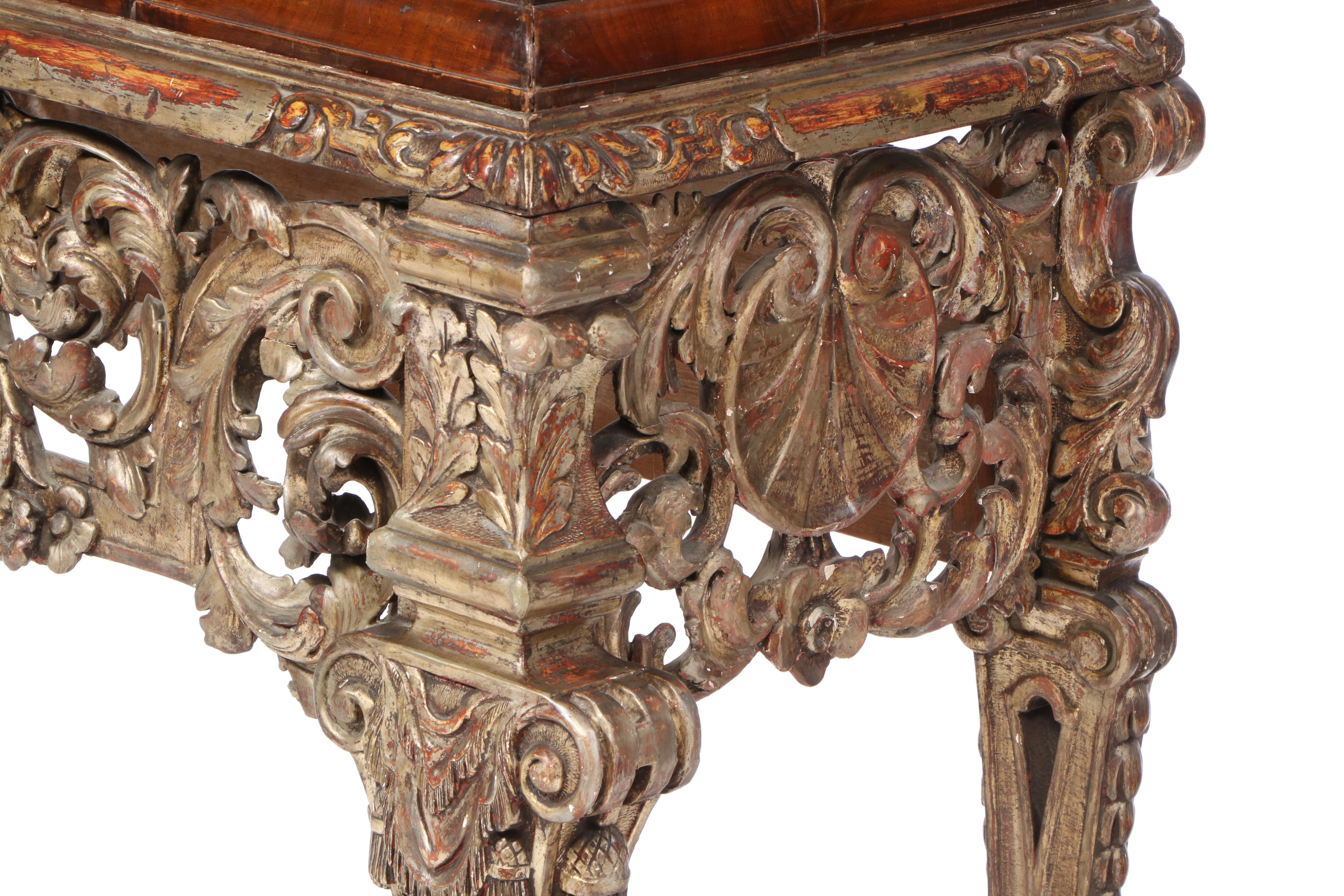 Charles II Walnut, Mulberry, and Marquetry Cabinet on Later Giltwood Stand
