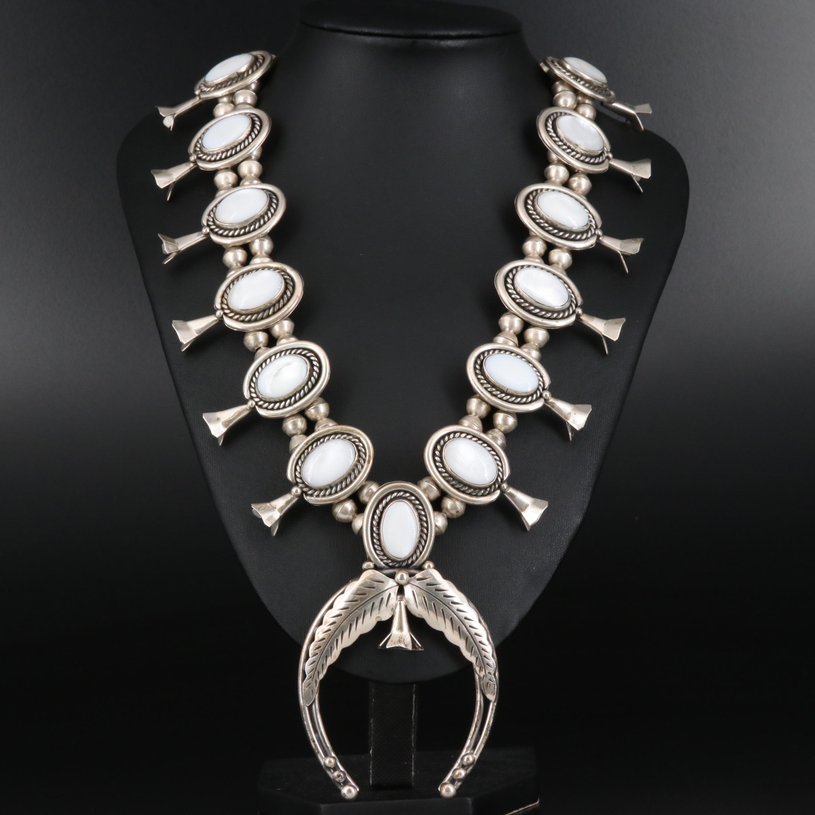 Roy Vandever Navajo Diné Mother of Pearl Squash Blossom Necklace with Naja