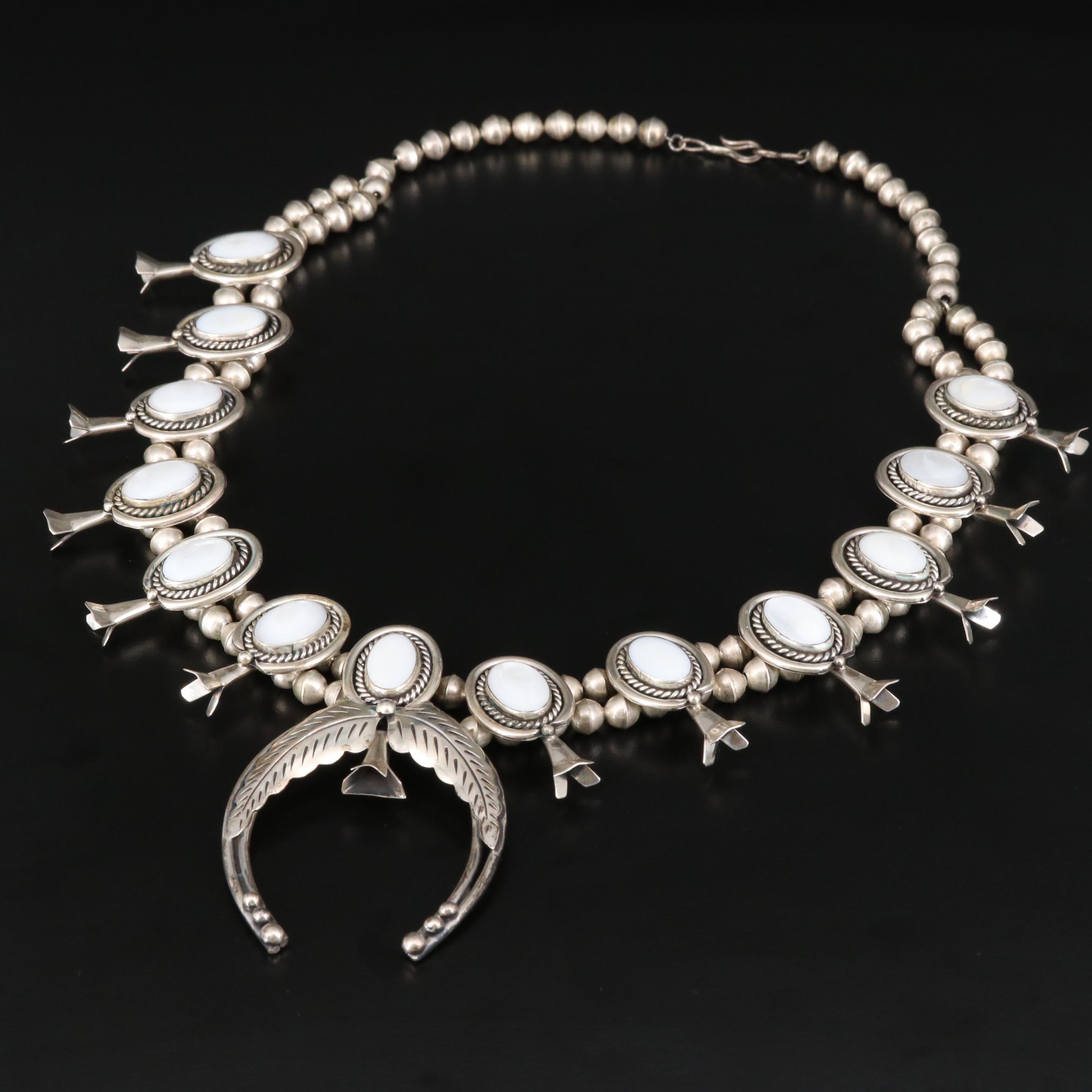 Roy Vandever Navajo Diné Mother of Pearl Squash Blossom Necklace with Naja