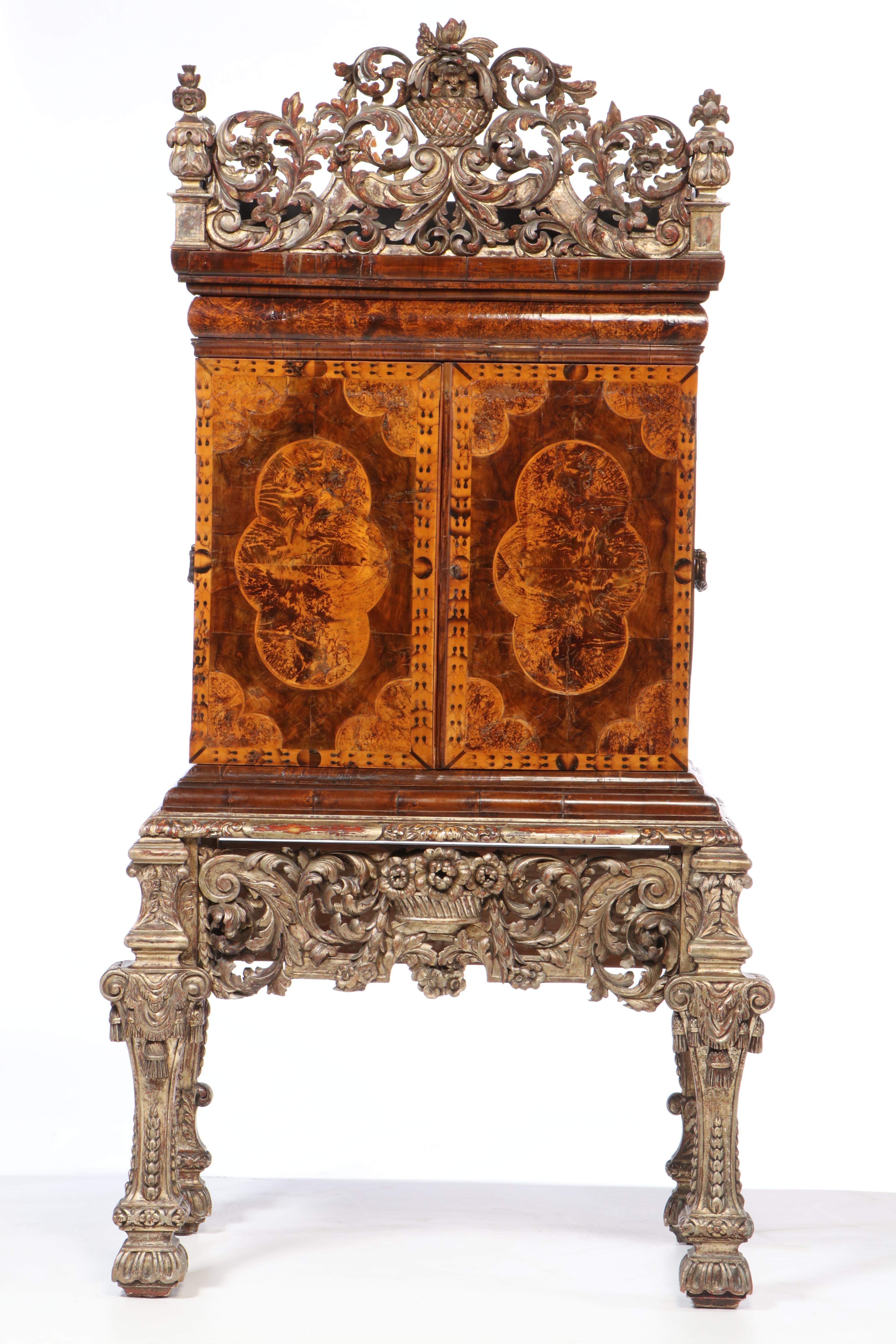 Charles II Walnut, Mulberry, and Marquetry Cabinet on Later Giltwood Stand