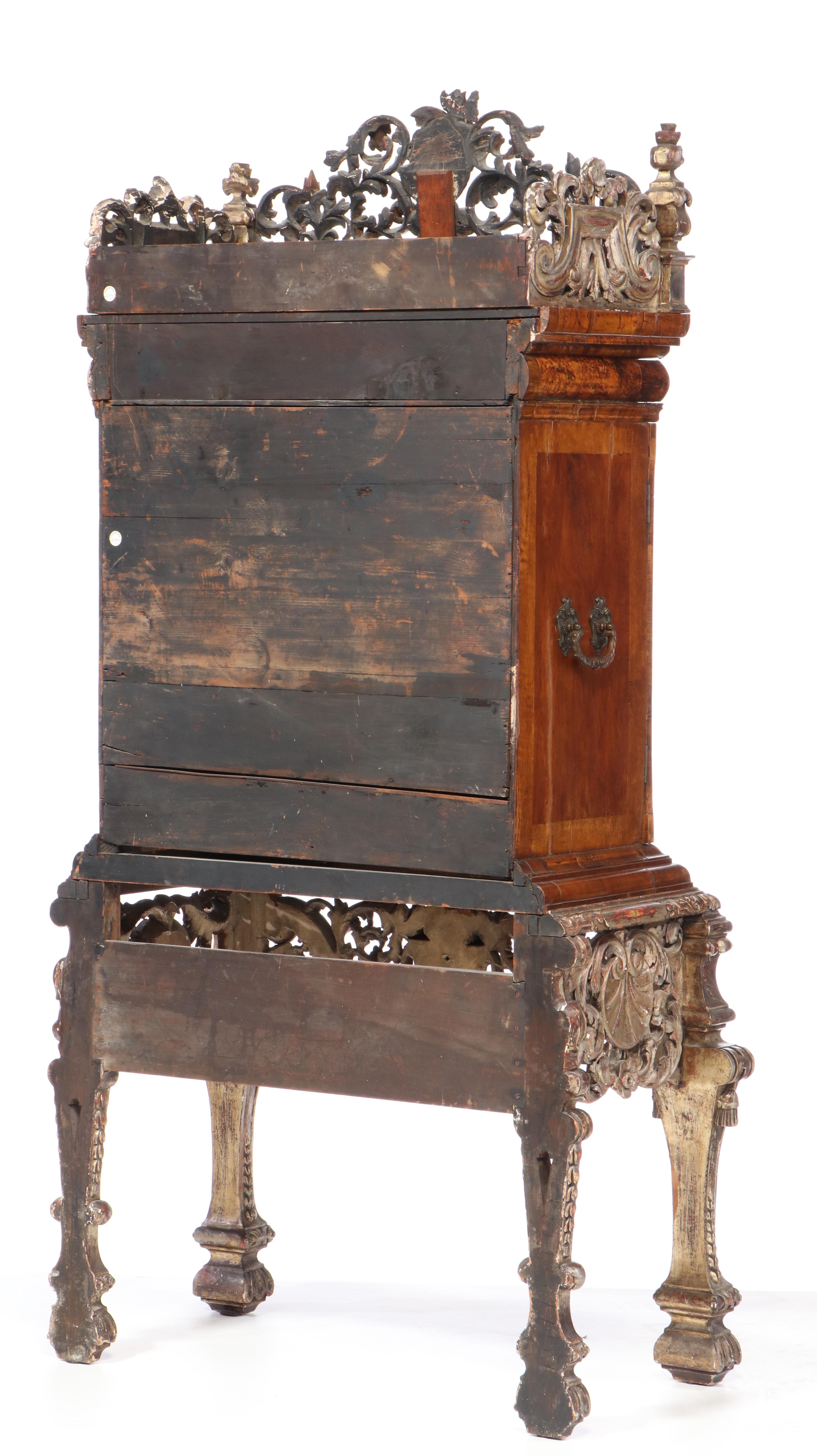 Charles II Walnut, Mulberry, and Marquetry Cabinet on Later Giltwood Stand