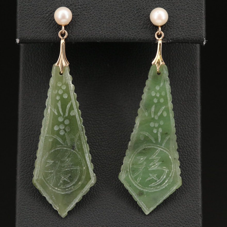 14K Pearl and Carved Nephrite Drop Earrings