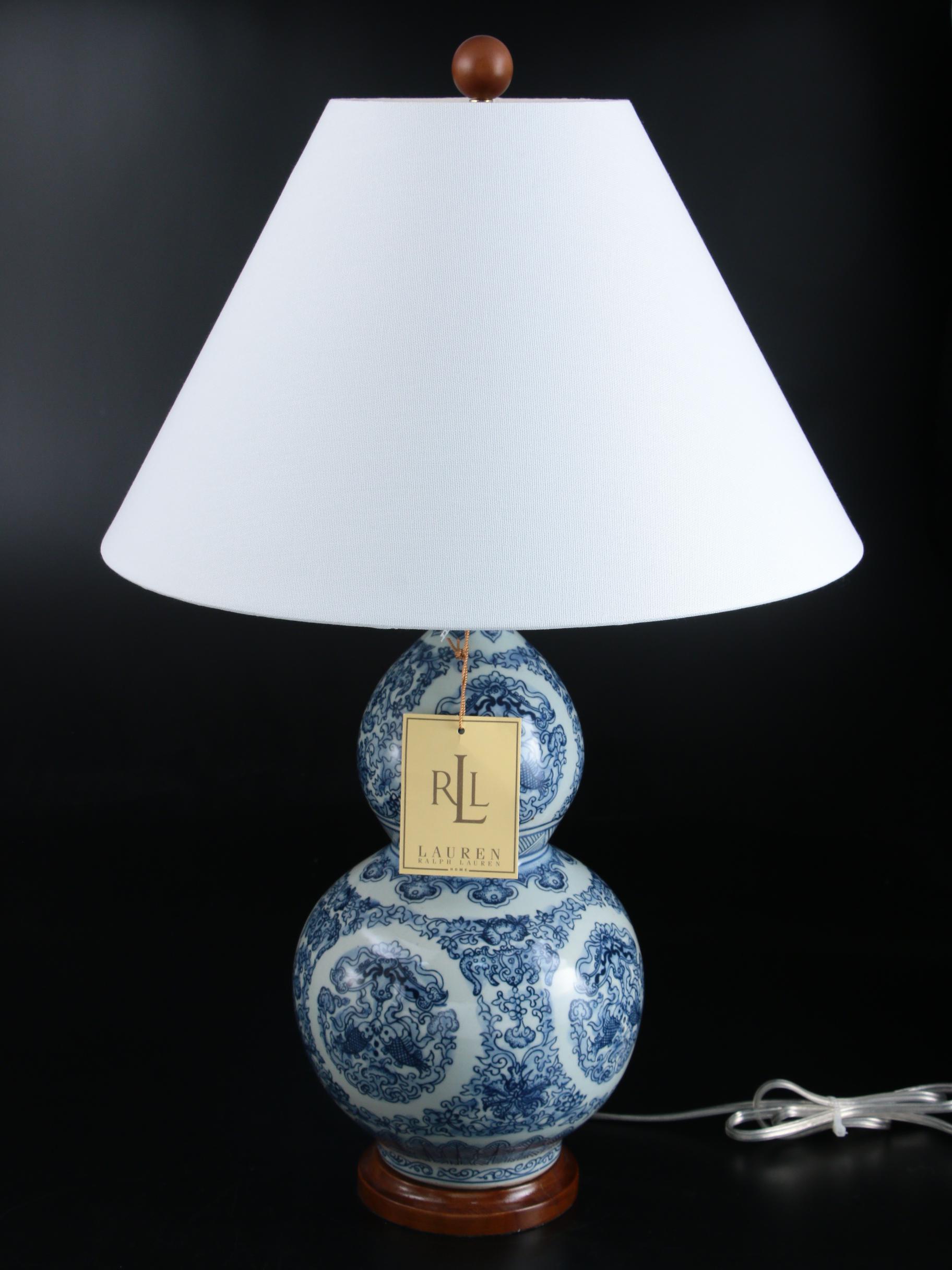 Pair of Ralph Lauren Blue and White Double Gourd Ceramic Table Lamps