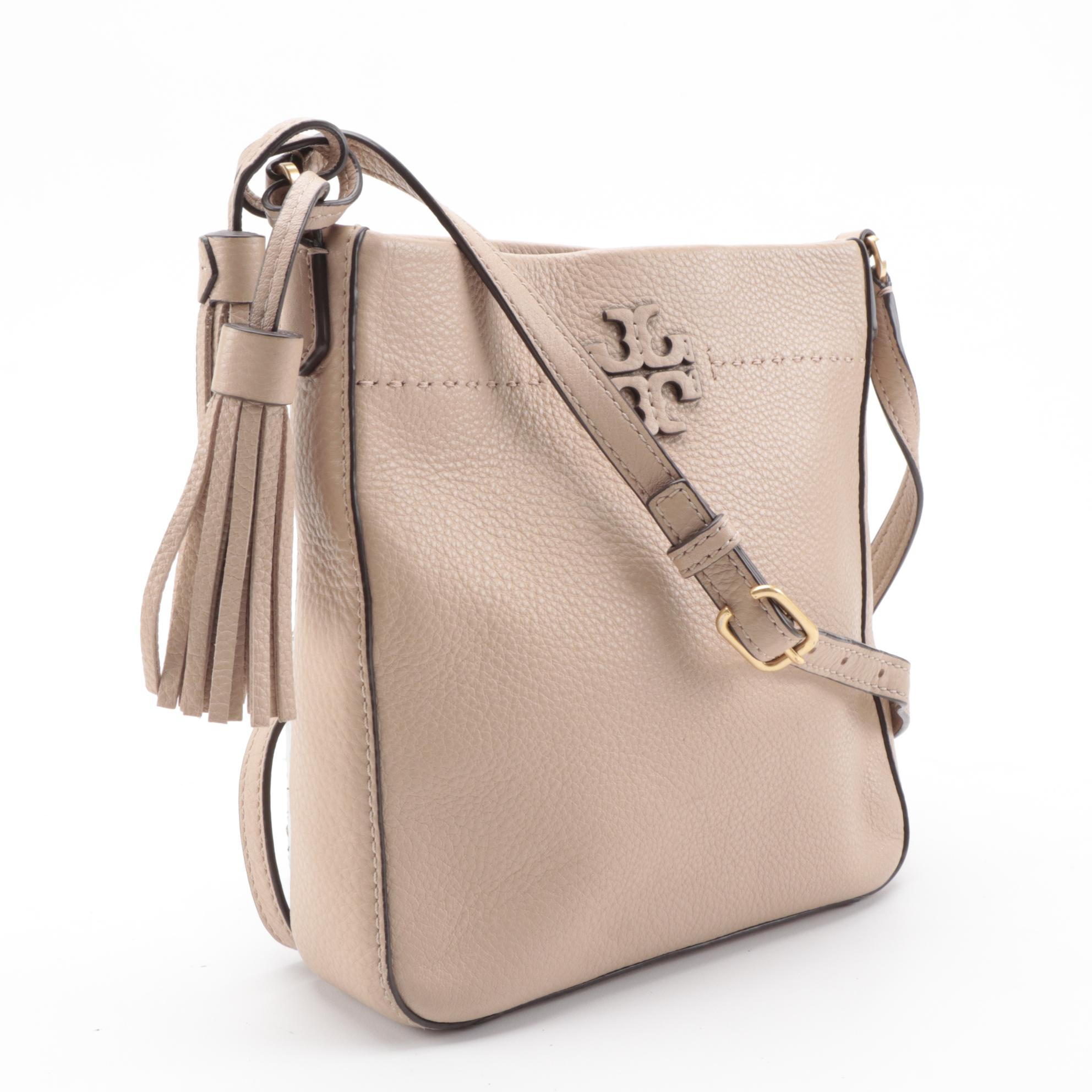 Tory Burch McGraw Swingpack Tassel Crossbody Bag in Taupe Pebble Grain Leather