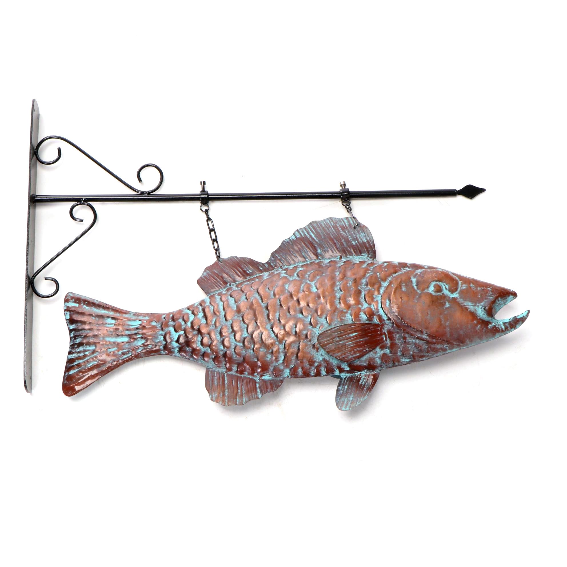 Verdigris-Patinated Copper Full-Body Fish Trade Sign with Metal Mounting Bracket