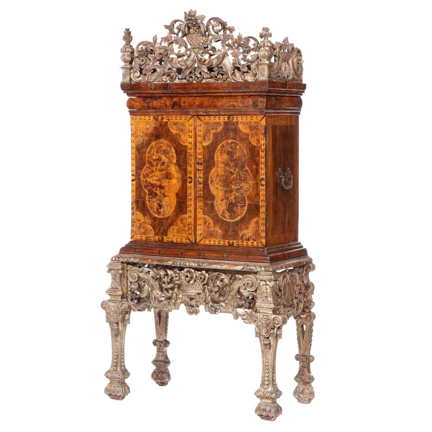Charles II Walnut, Mulberry, and Marquetry Cabinet on Later Giltwood Stand