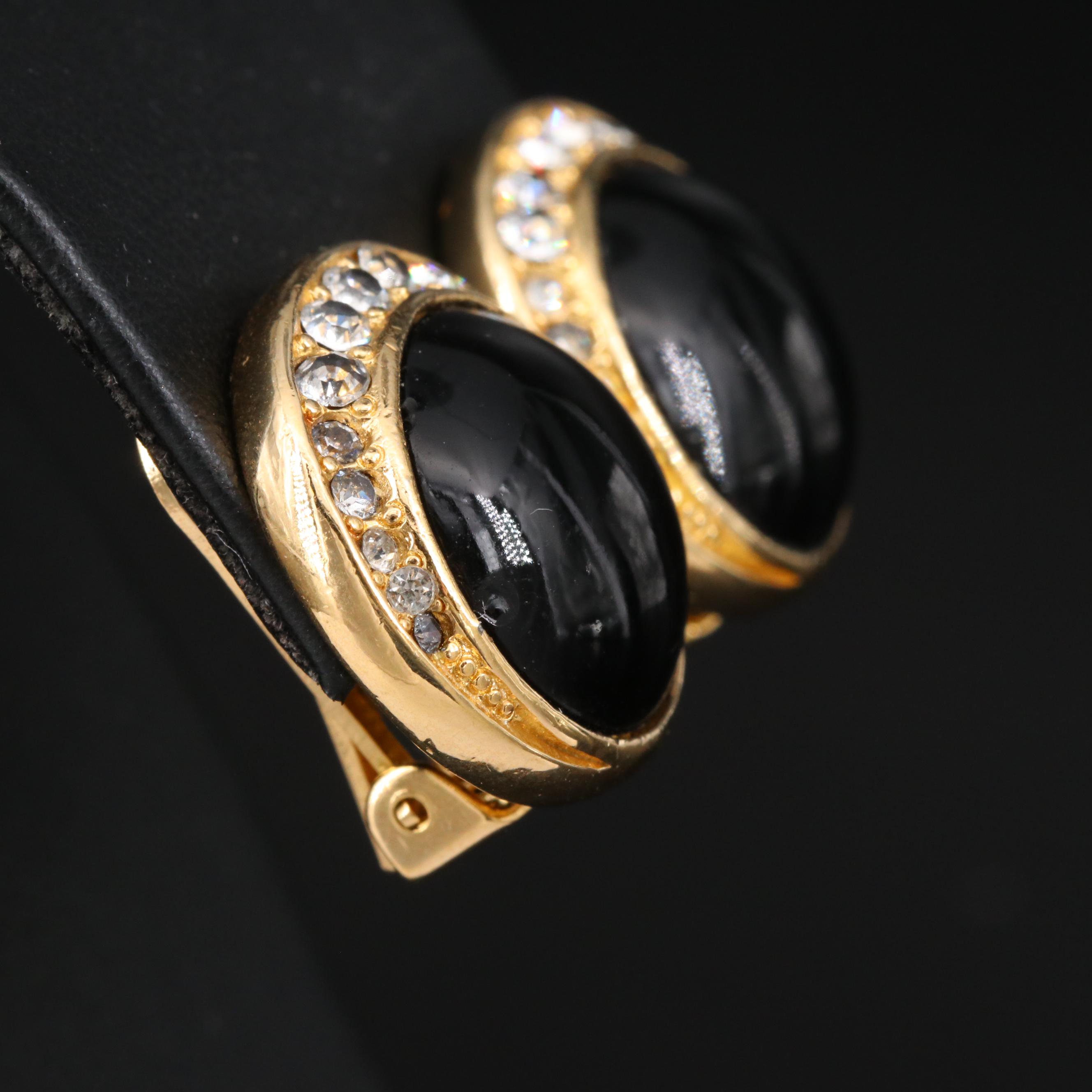 Christian Dior Imitation Onyx and Glass Button Earrings