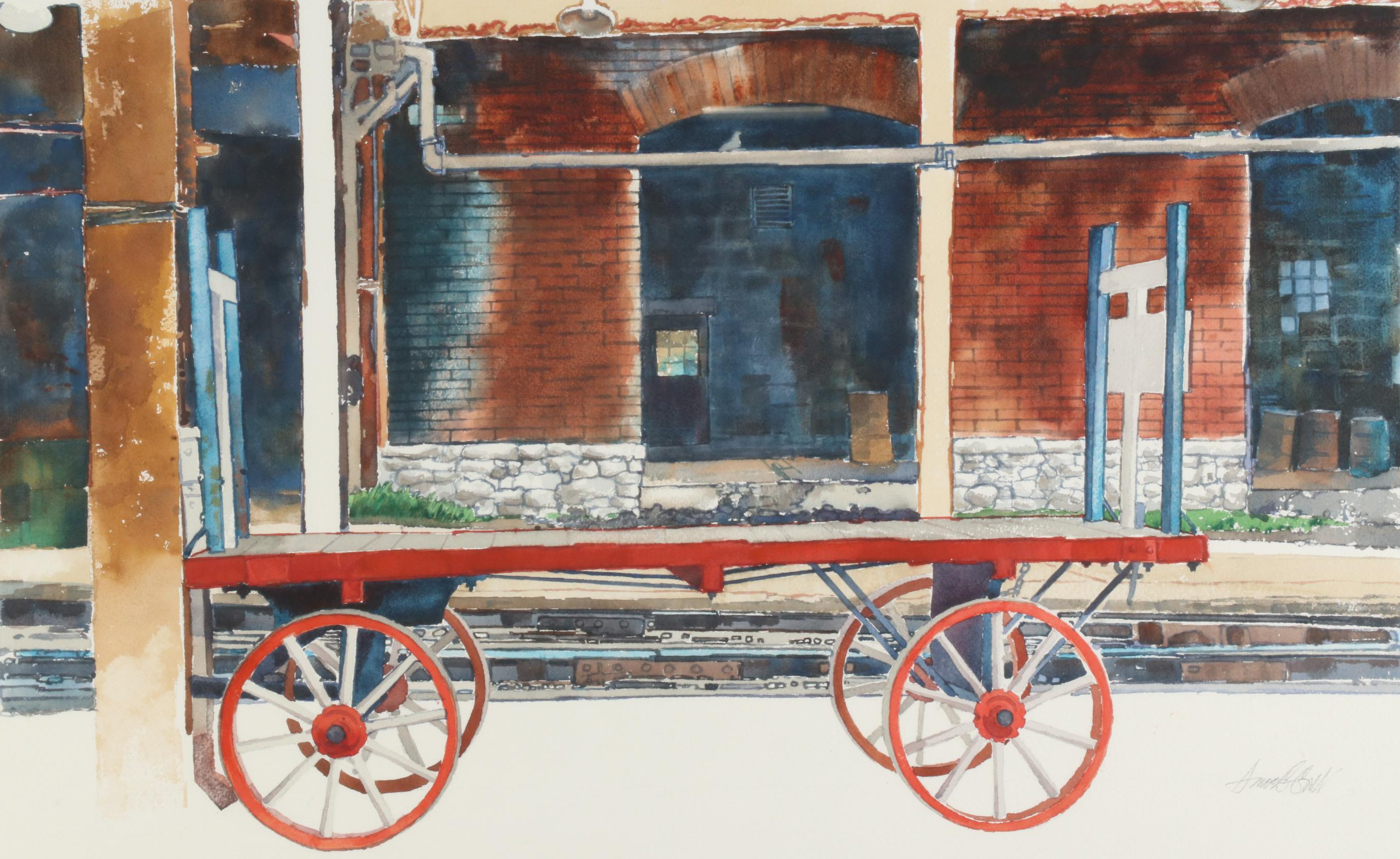 Amos G. Gott Watercolor Painting "Lost Baggage Cart," Late 20th Century