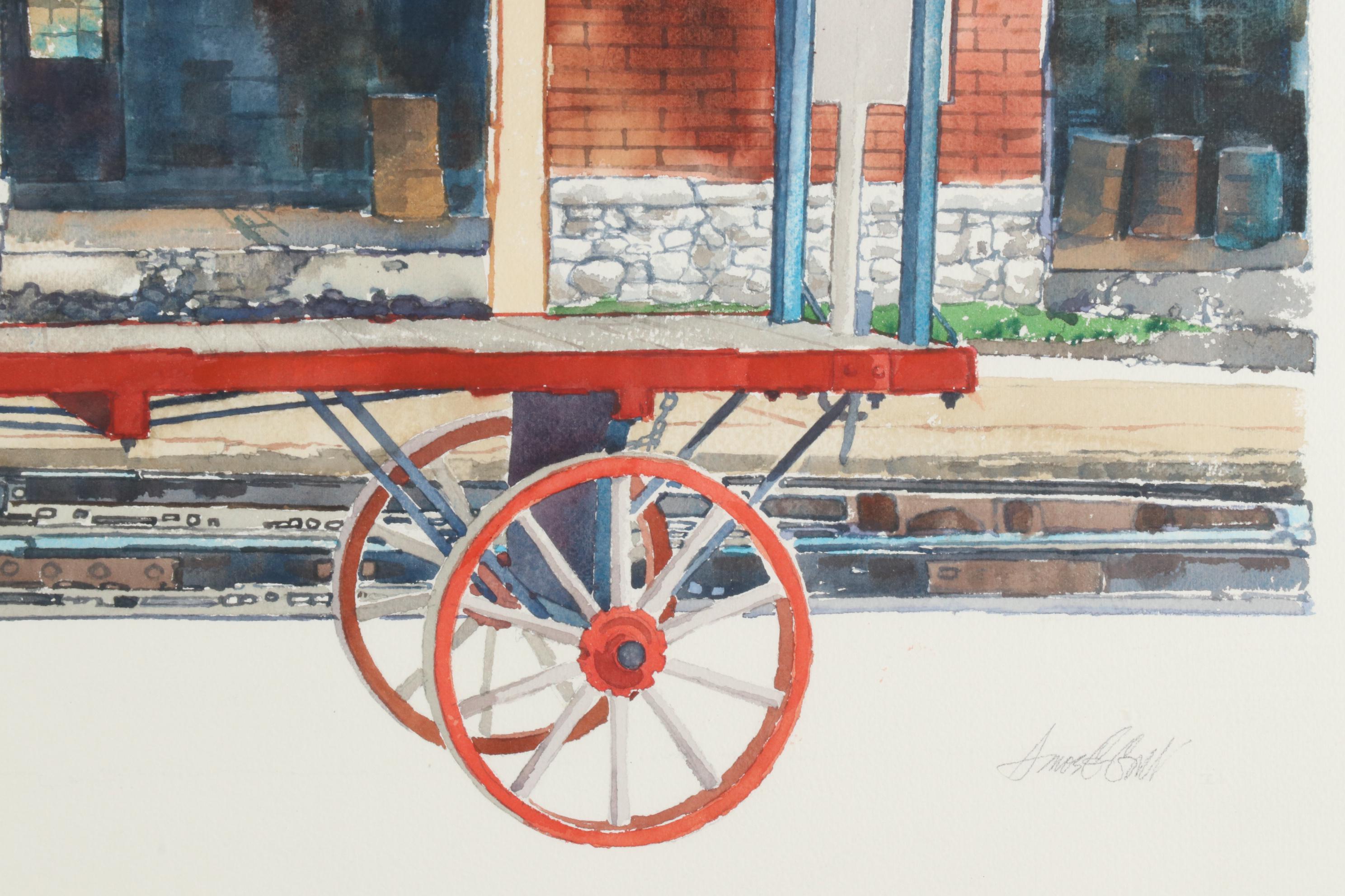 Amos G. Gott Watercolor Painting "Lost Baggage Cart," Late 20th Century