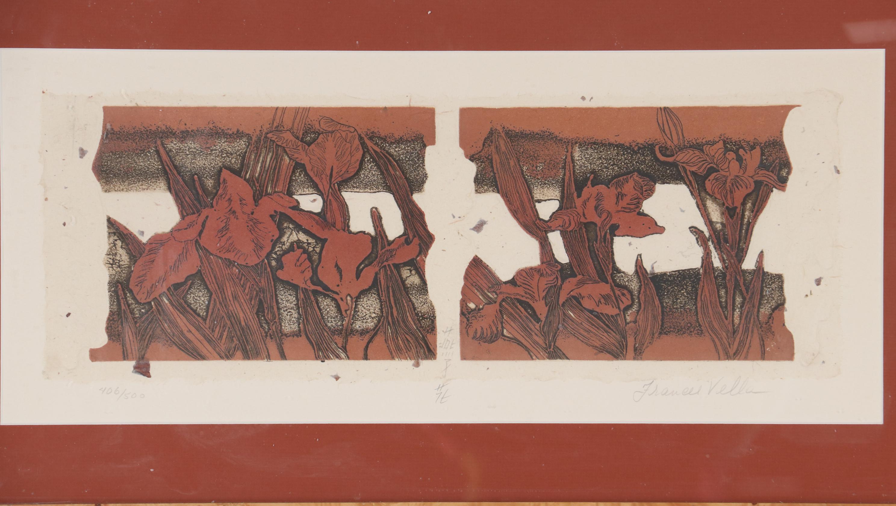 Frances Vella Embossed Color Etching "Irises," Late 20th Century