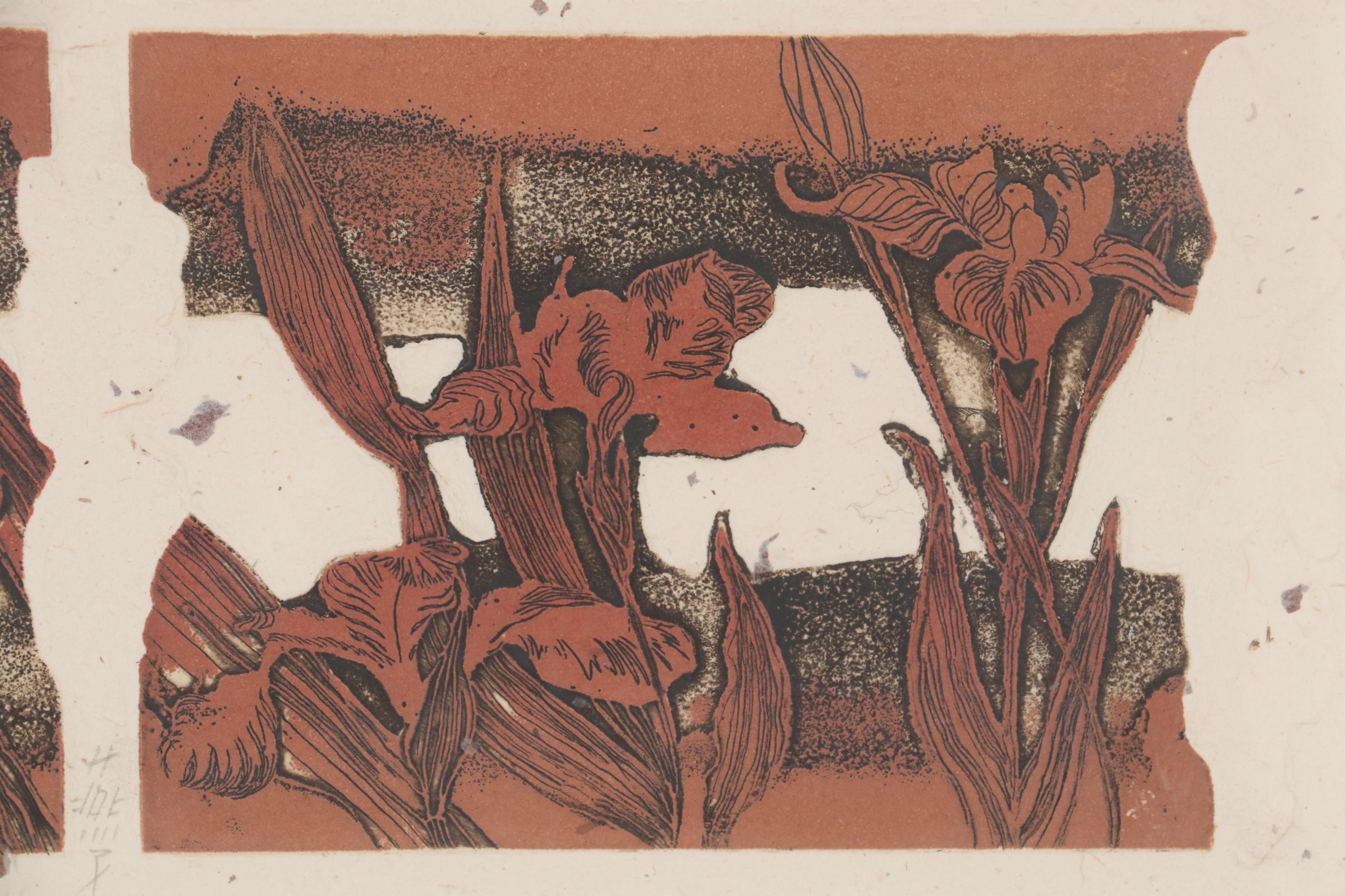 Frances Vella Embossed Color Etching "Irises," Late 20th Century