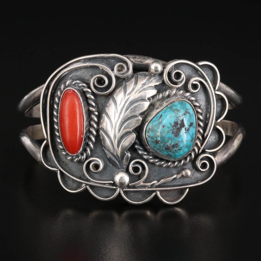 Signed Southwestern Style Sterling Coral and Turquoise Wirework Cuff