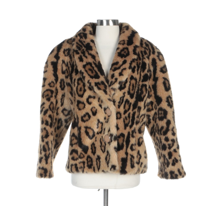 Leopard Print Faux Fur Shawl Collar Jacket
