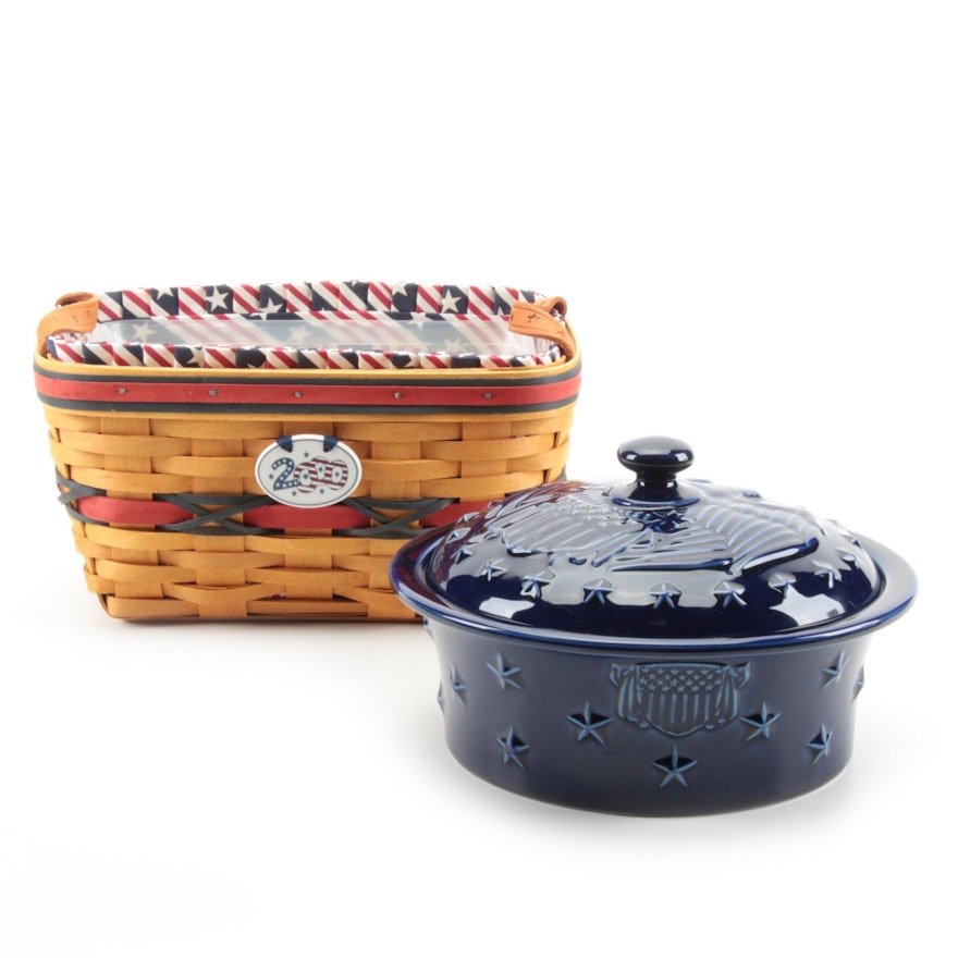 Longaberger Patriotic Ceramic Baking Dish and Flatware Caddy Basket