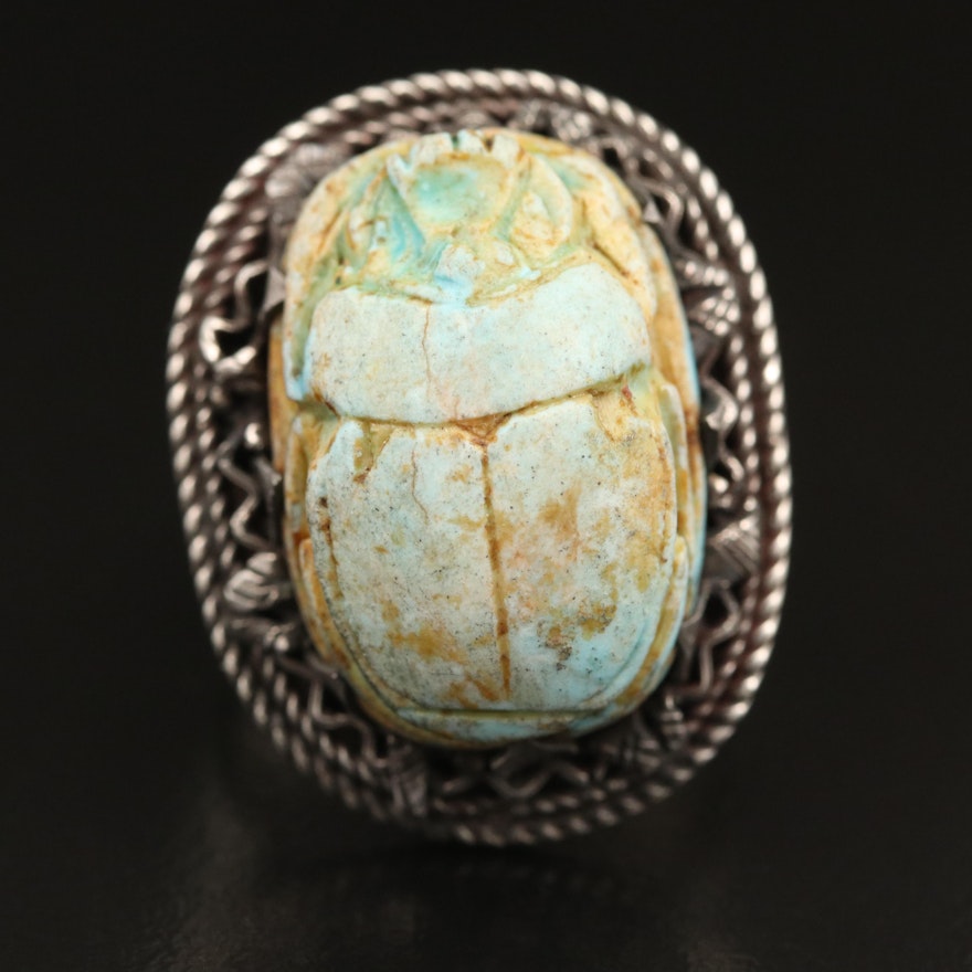 850 Silver Carved Faience Scarab Ring